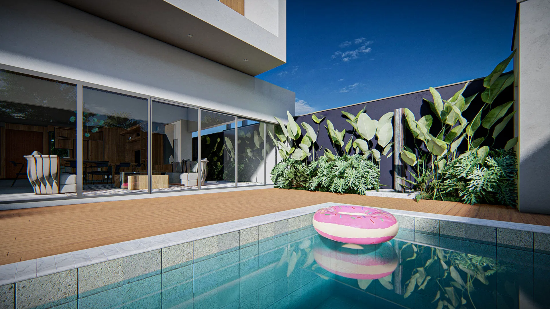 Architectural visualization of Residential Landscaping with Palms and Pool Area at Dusk — GRON 3D