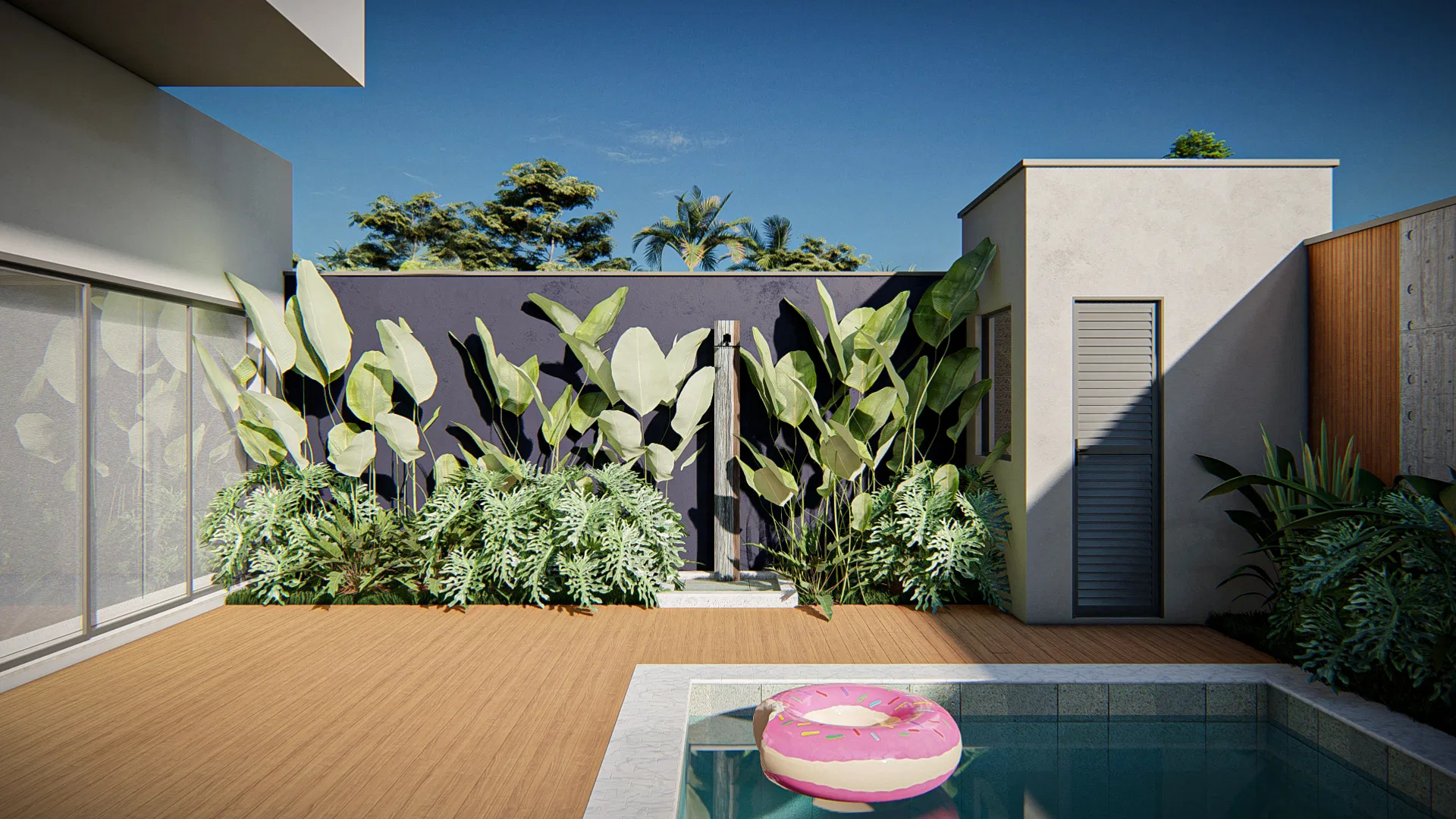 Architectural visualization of Residential Landscaping with Palms and Pool Area at Dusk — GRON 3D