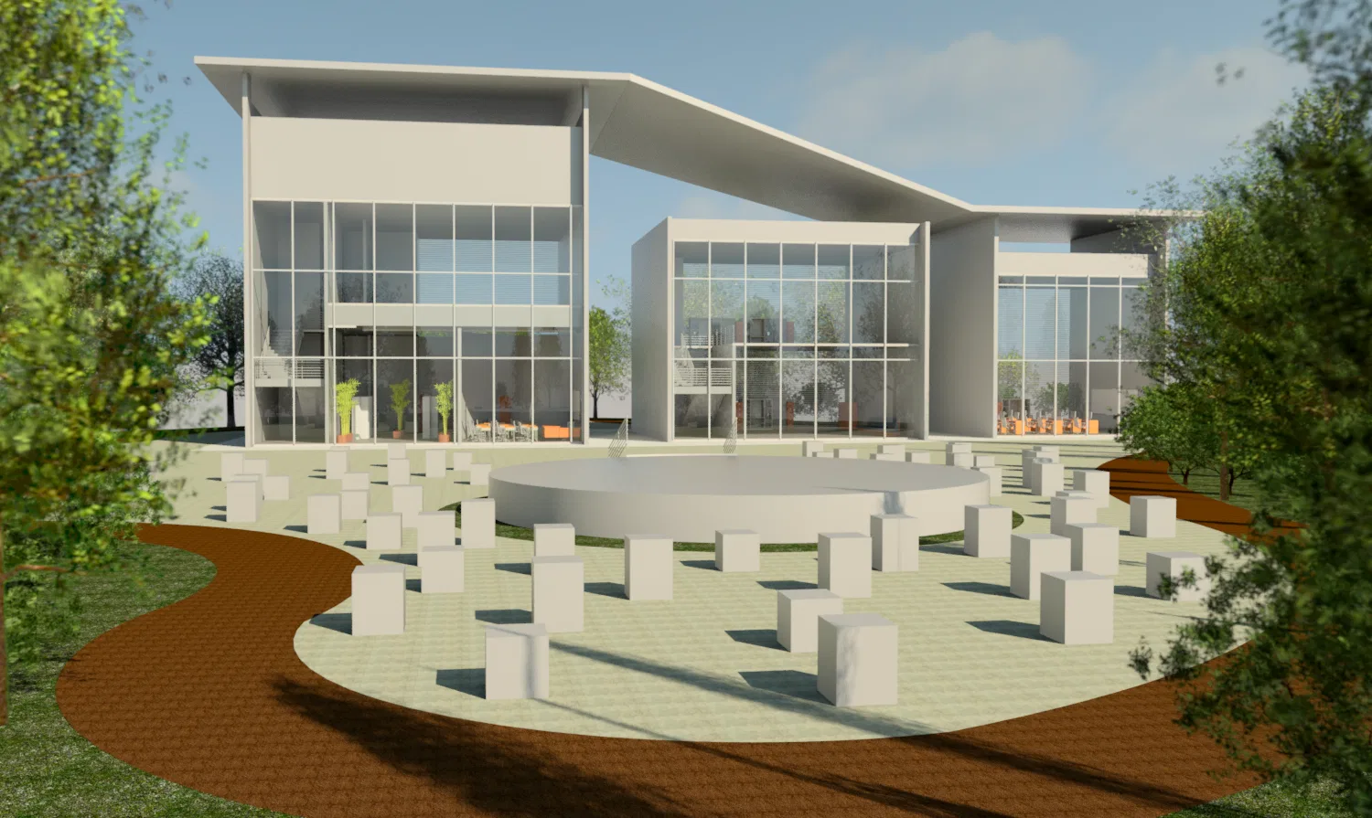 Front view of a cultural center's glass pavilions, with a landscaped plaza, circular basin and a grid of white concrete blocks