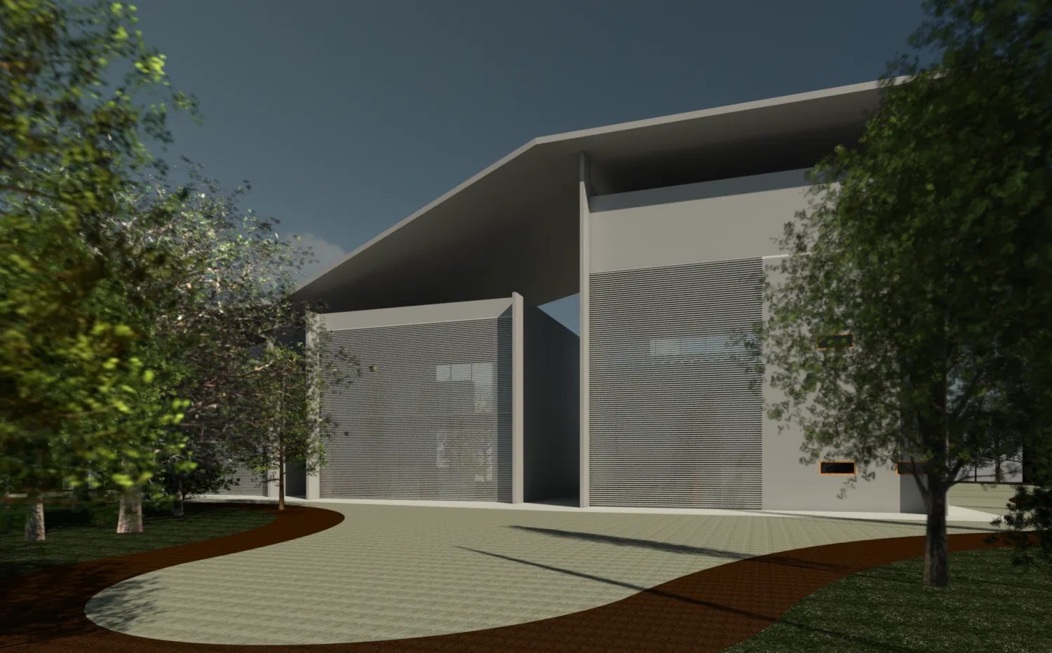 Side angle of the cultural center at dusk, with translucent panels, a sloping roof and a curving path across the lawn among trees