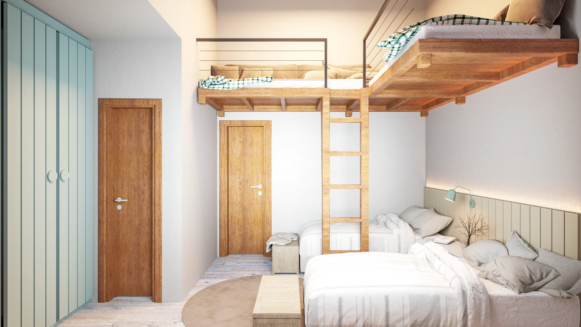 Loft mezzanine with an elevated bed reached by a wood ladder above two single beds with white linens