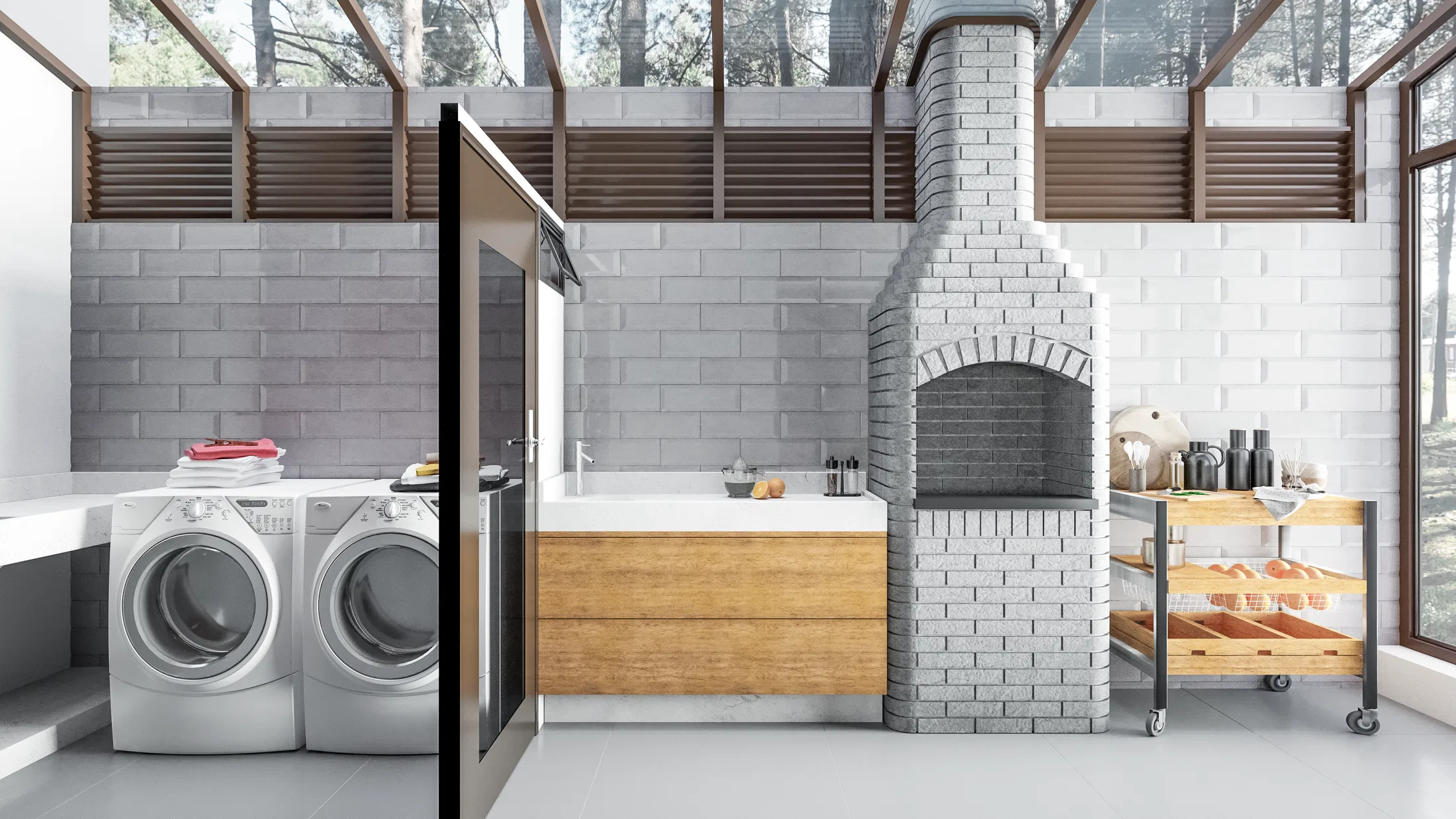 Utility area with a washer and dryer beside a masonry built-in grill under a glazed structure