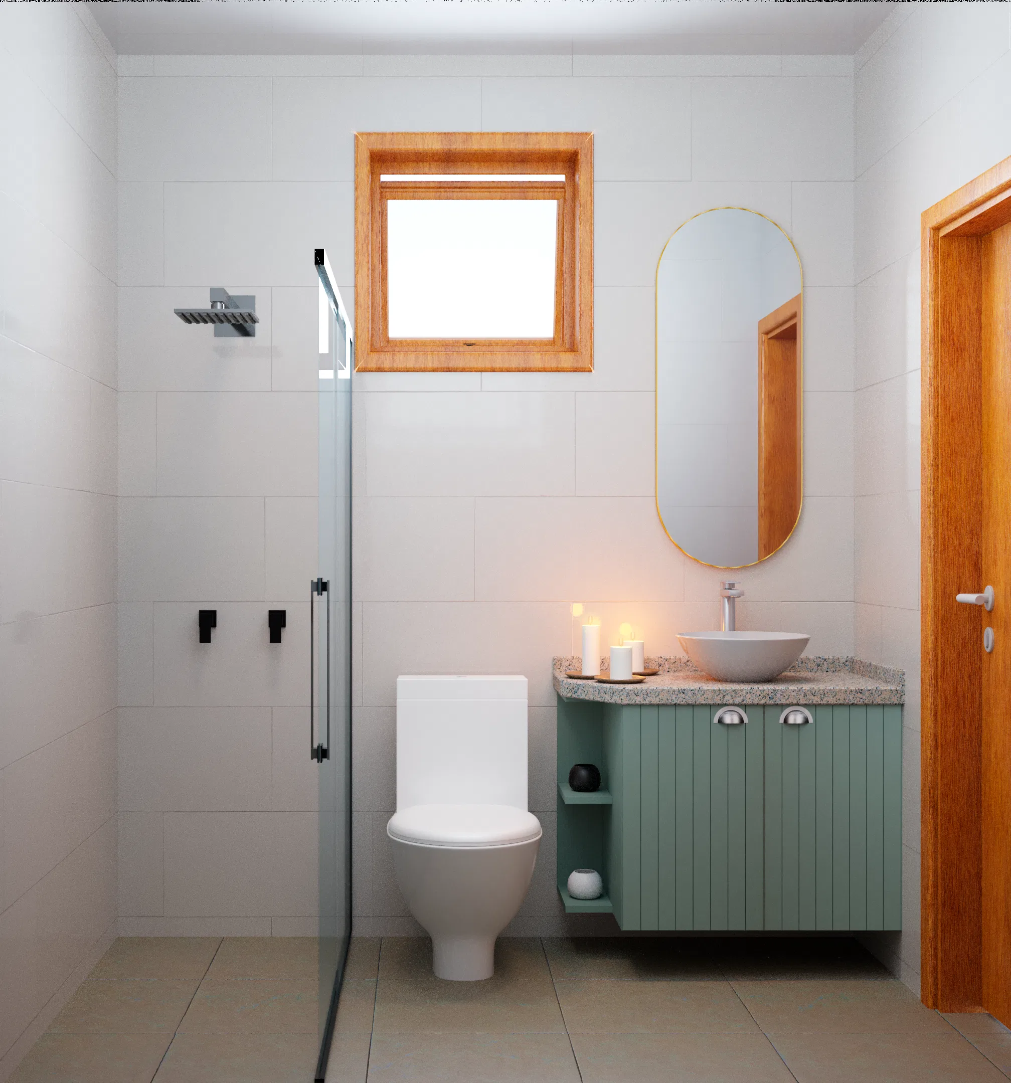 Bathroom with a glass shower enclosure, a white toilet and a vanity with a countertop basin and a sage-green cabinet
