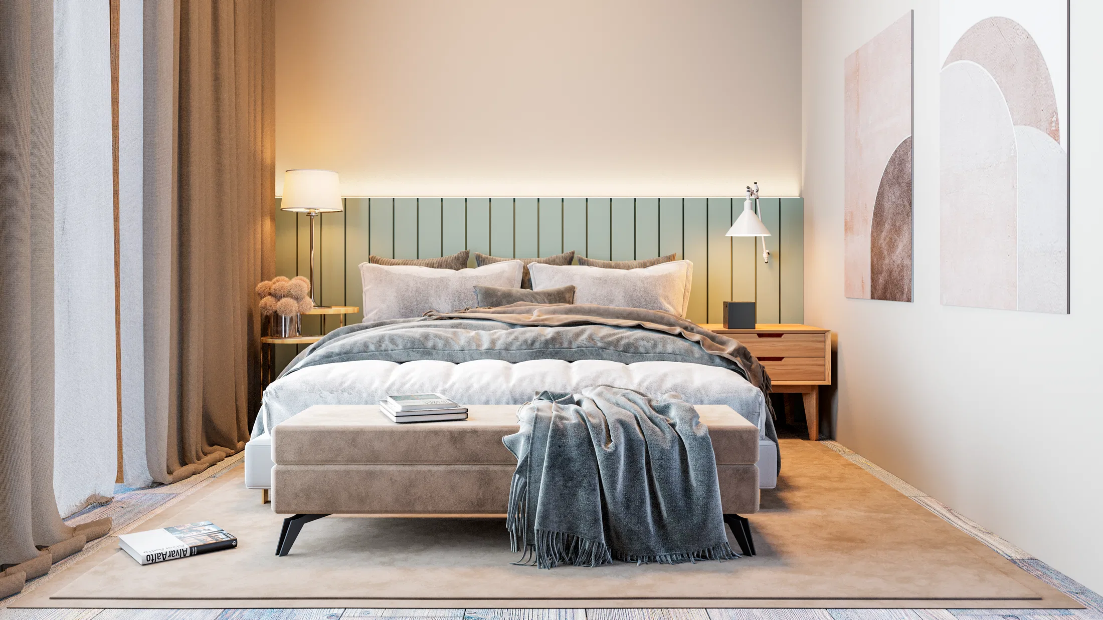 Bedroom with a light green slatted headboard, an upholstered bench at the foot of the bed and abstract-shape prints on the wall