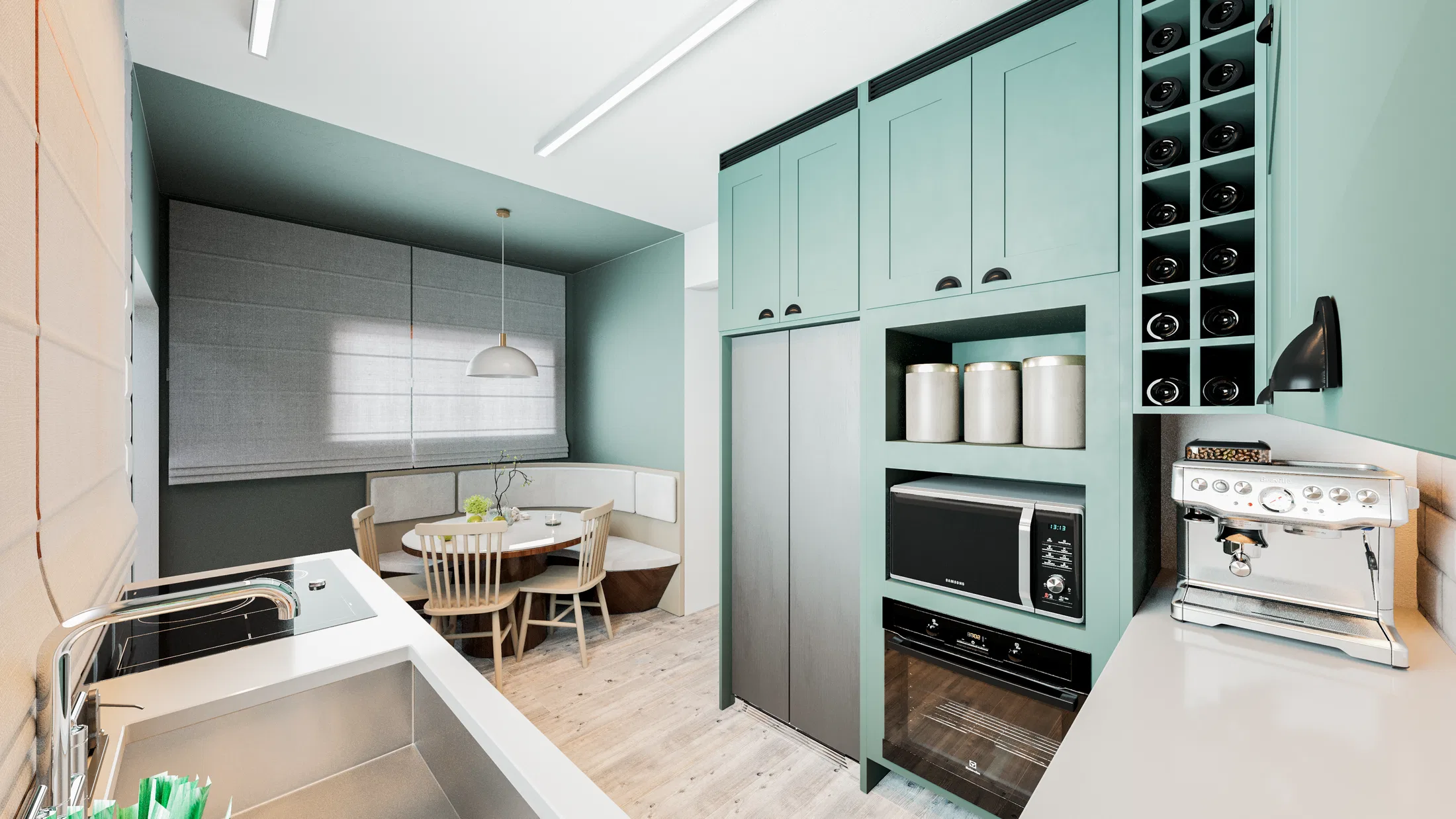 Kitchen with sage-green cabinetry, a built-in wine rack, a built-in oven and microwave, and a professional coffee machine on the counter