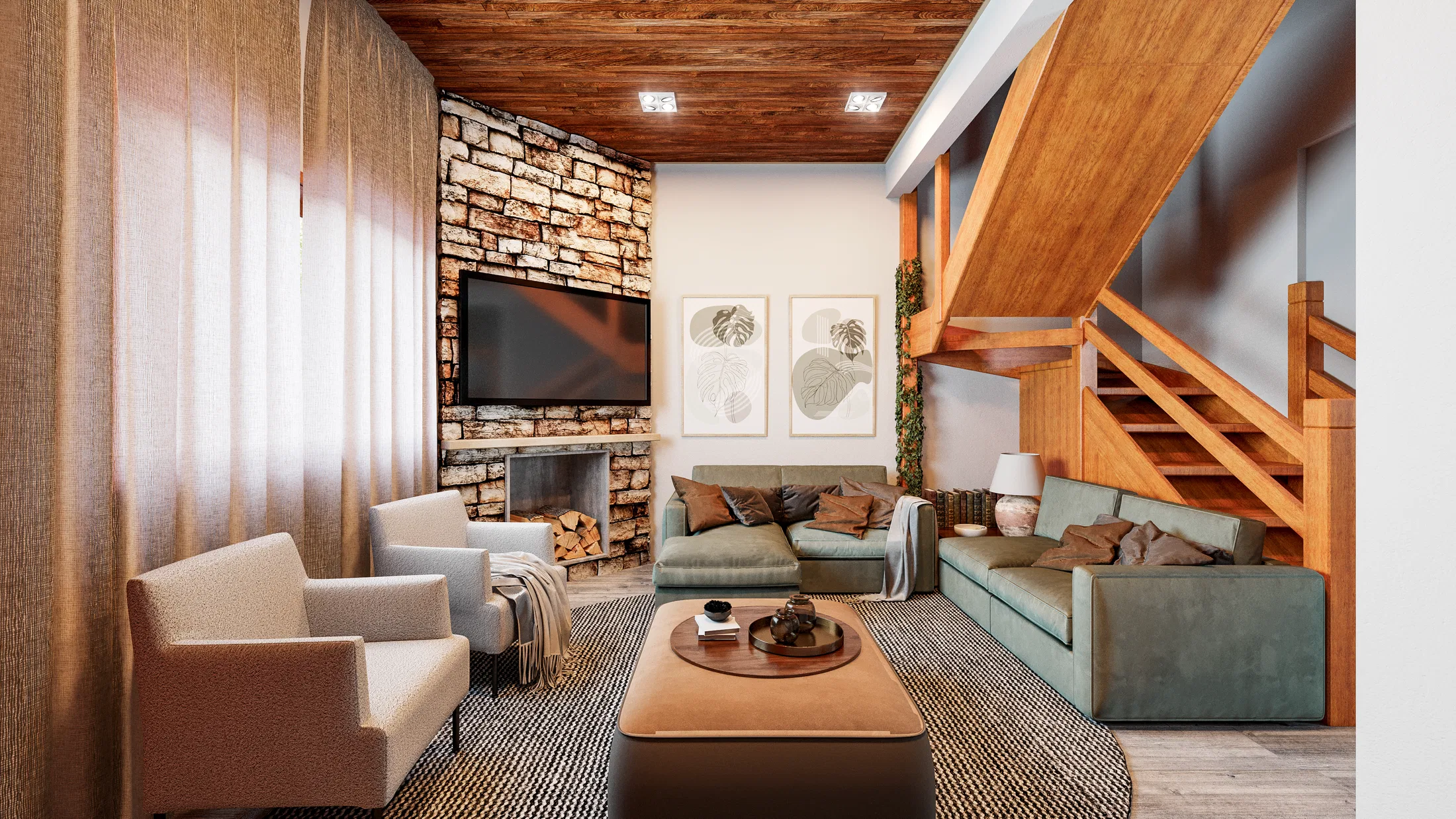 Living room with a stone fireplace, a wood-clad ceiling, beige armchairs and a wood staircase in the background