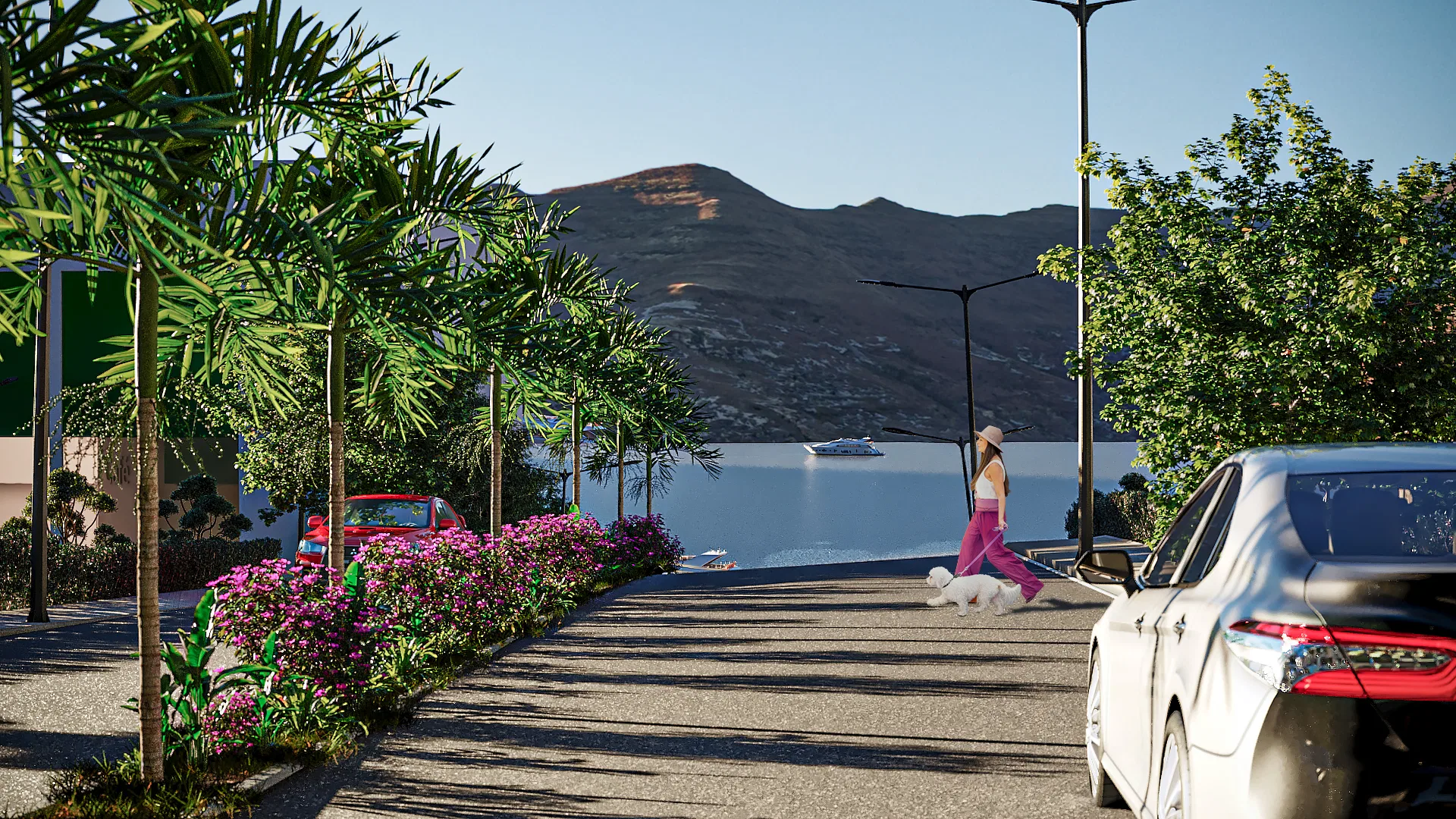 Access street with palms and pink bougainvillea, a woman walking a dog, a yacht on the lake and a golden hill beyond