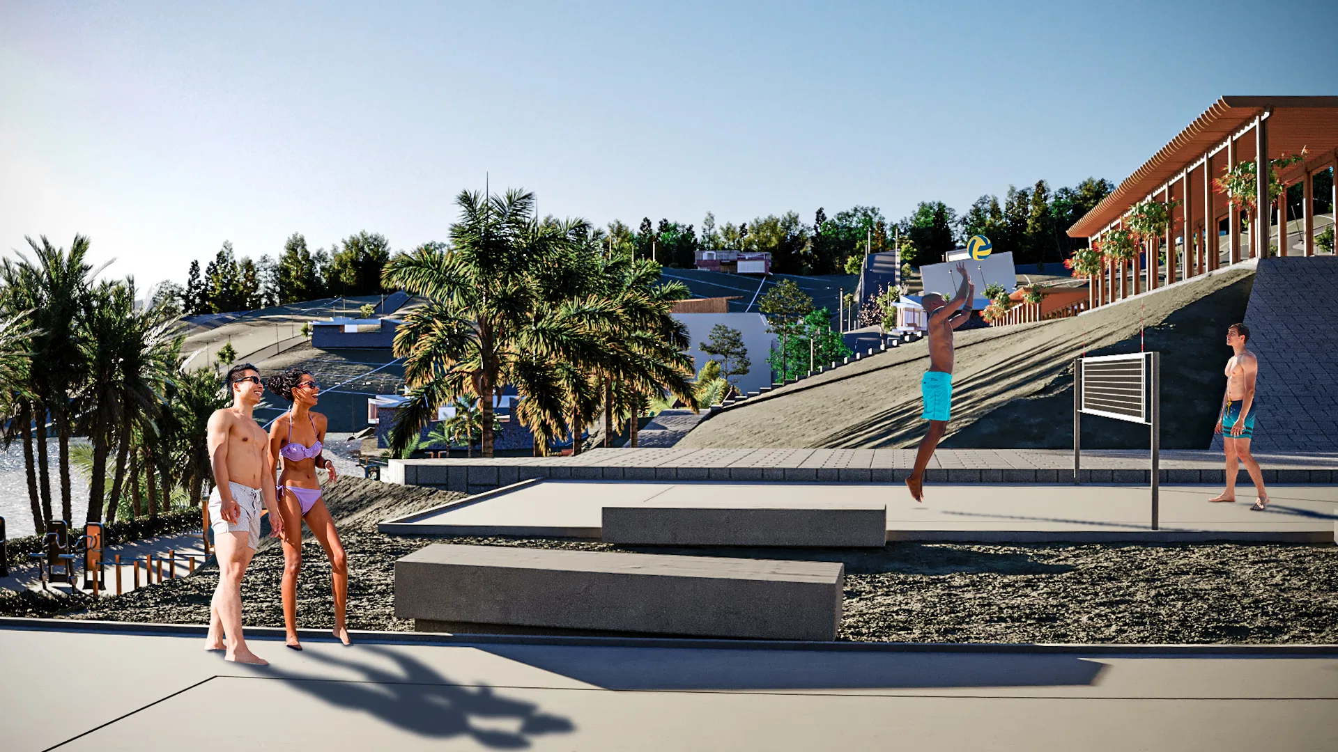 Beach volleyball court with a player leaping to spike, a couple watching nearby and a pergola-covered pavilion on the right