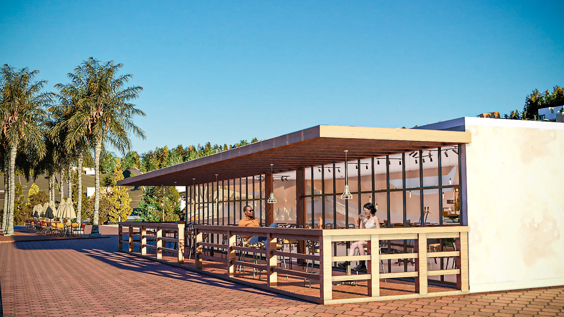 Restaurant deck under a timber pergola and glass walls, people seated at tables and palm trees around the paved plaza