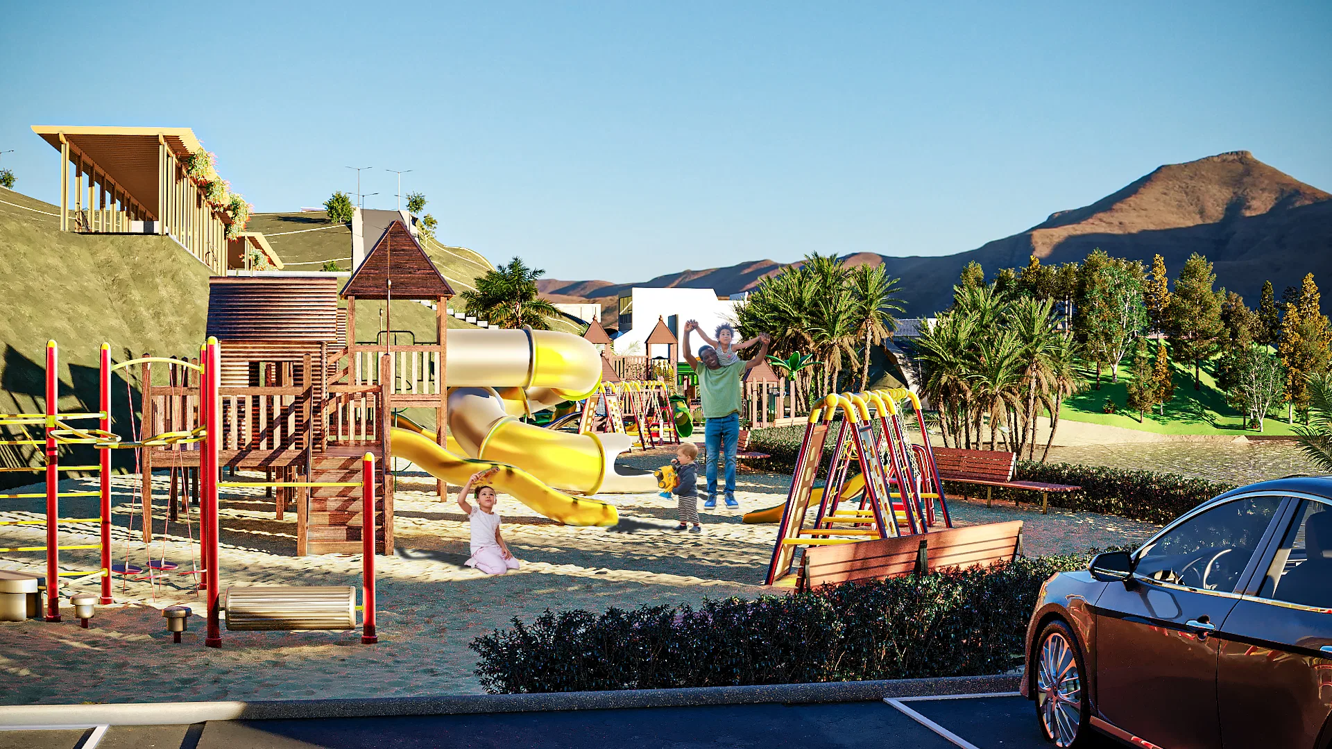 Playground with a timber play structure and yellow slide, children playing beside an adult, palms and golden hills behind