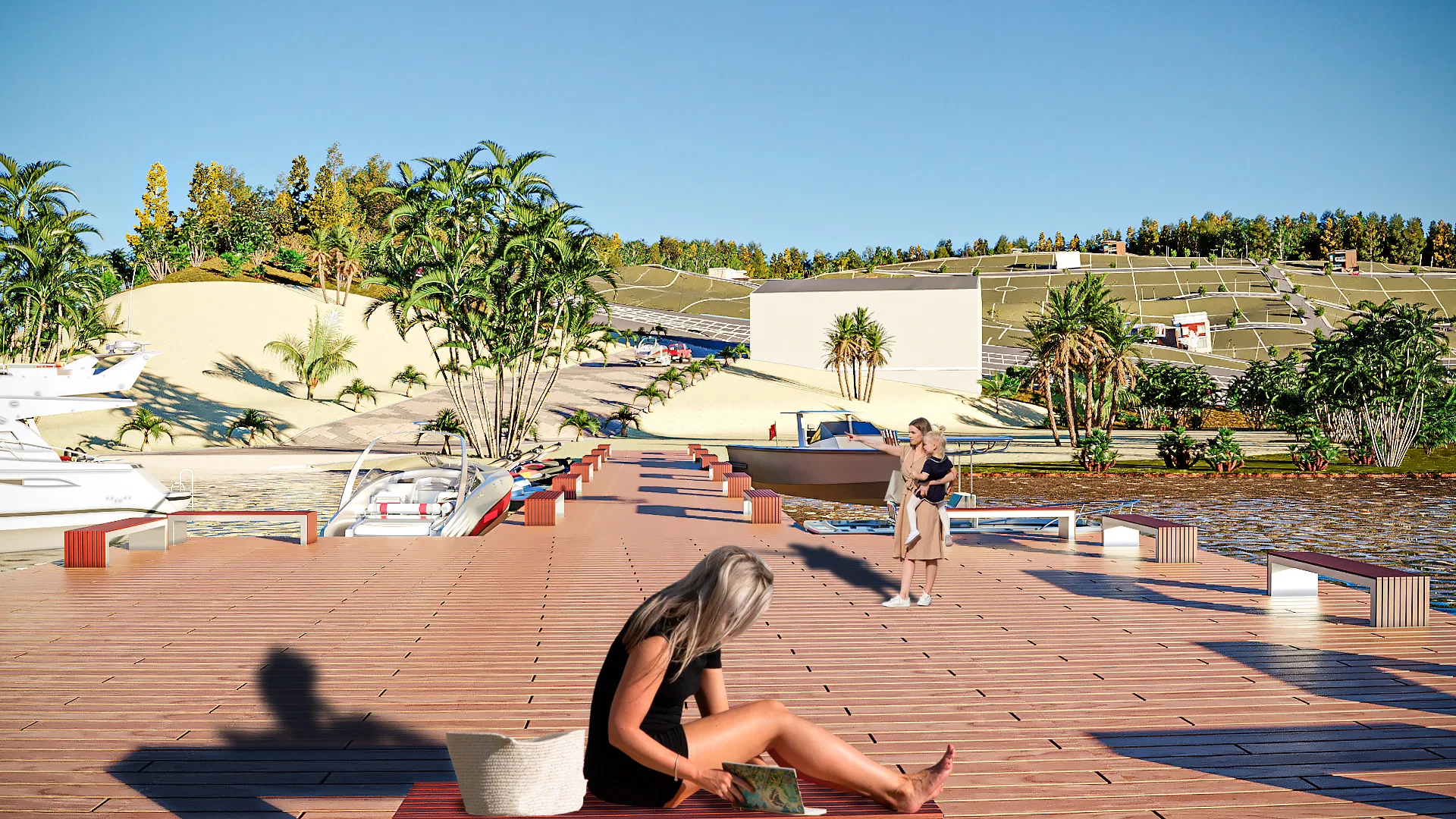 Timber deck over the water with a woman sitting and reading, moored boats and lot-covered slopes under late-afternoon light