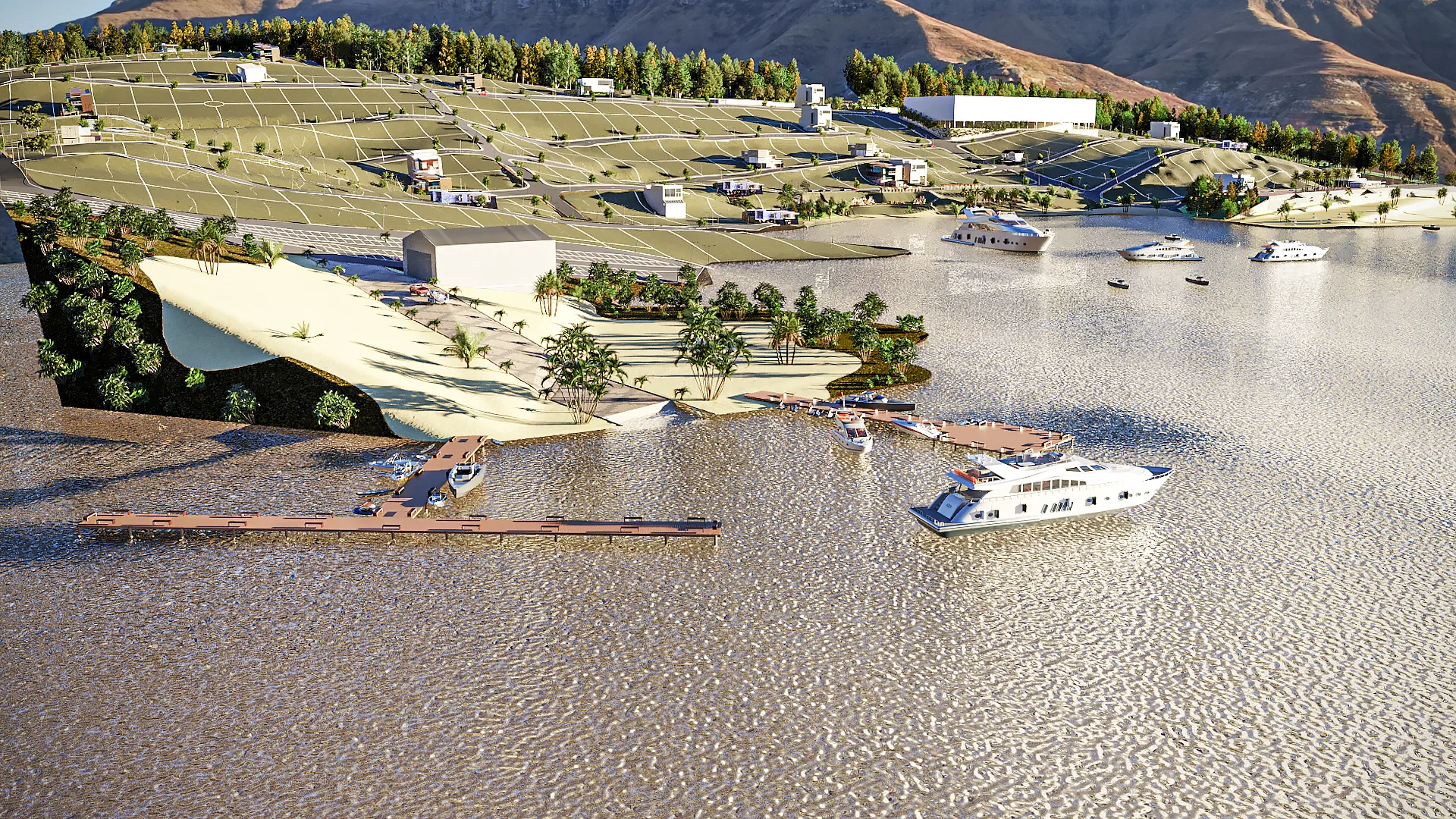 Aerial view of the development with a marina, timber decks and yachts moored on the lake, hillside lots and mountains behind