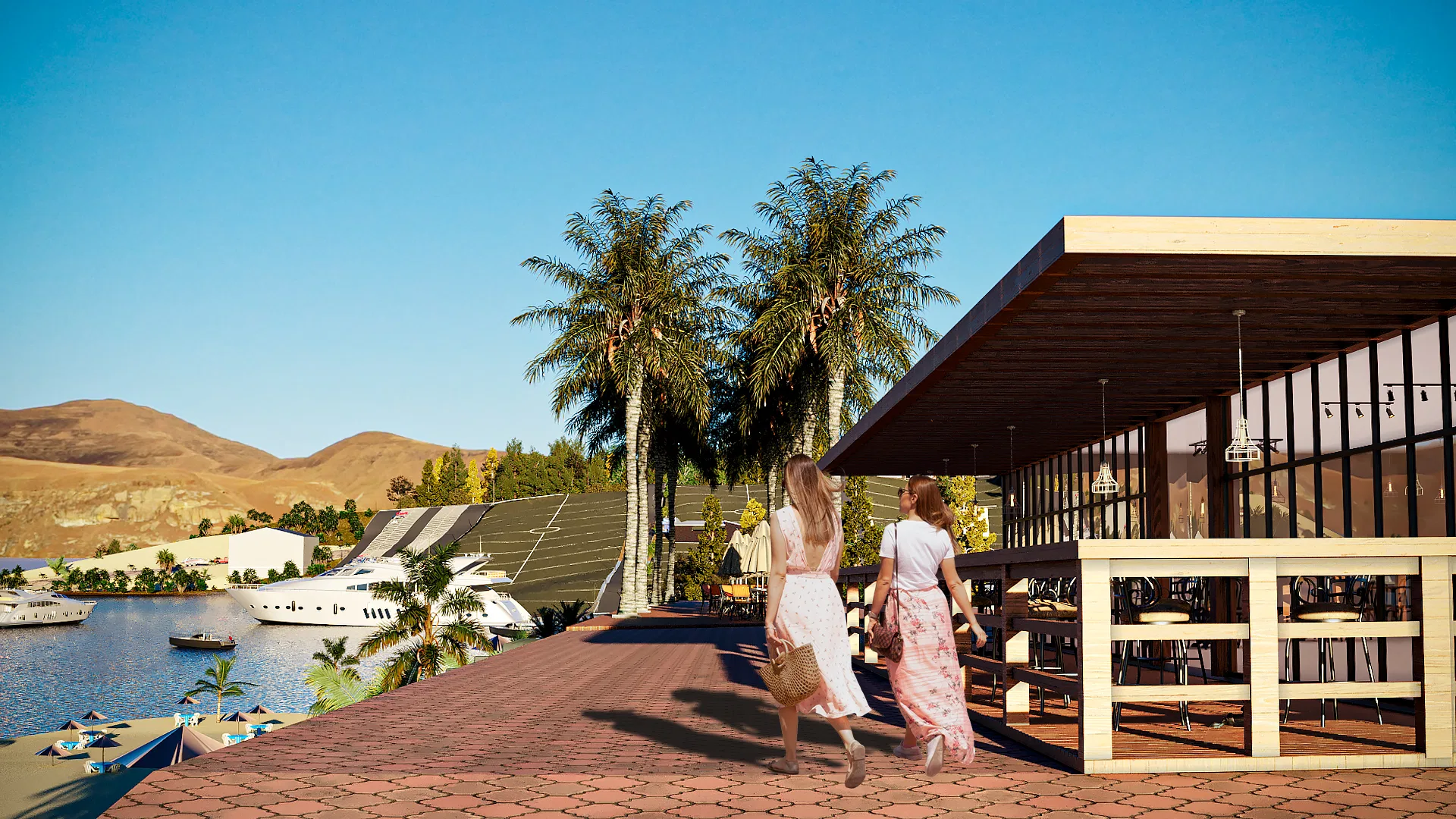 Patterned-paved boardwalk leading to a dark-wood-and-glass restaurant, two women walking and white yachts moored on the lake
