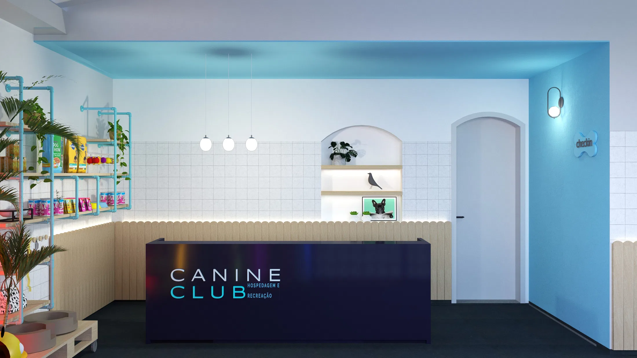 Navy reception desk with the brand logo, pendant lights, an arched niche and turquoise shelving displaying colourful products.