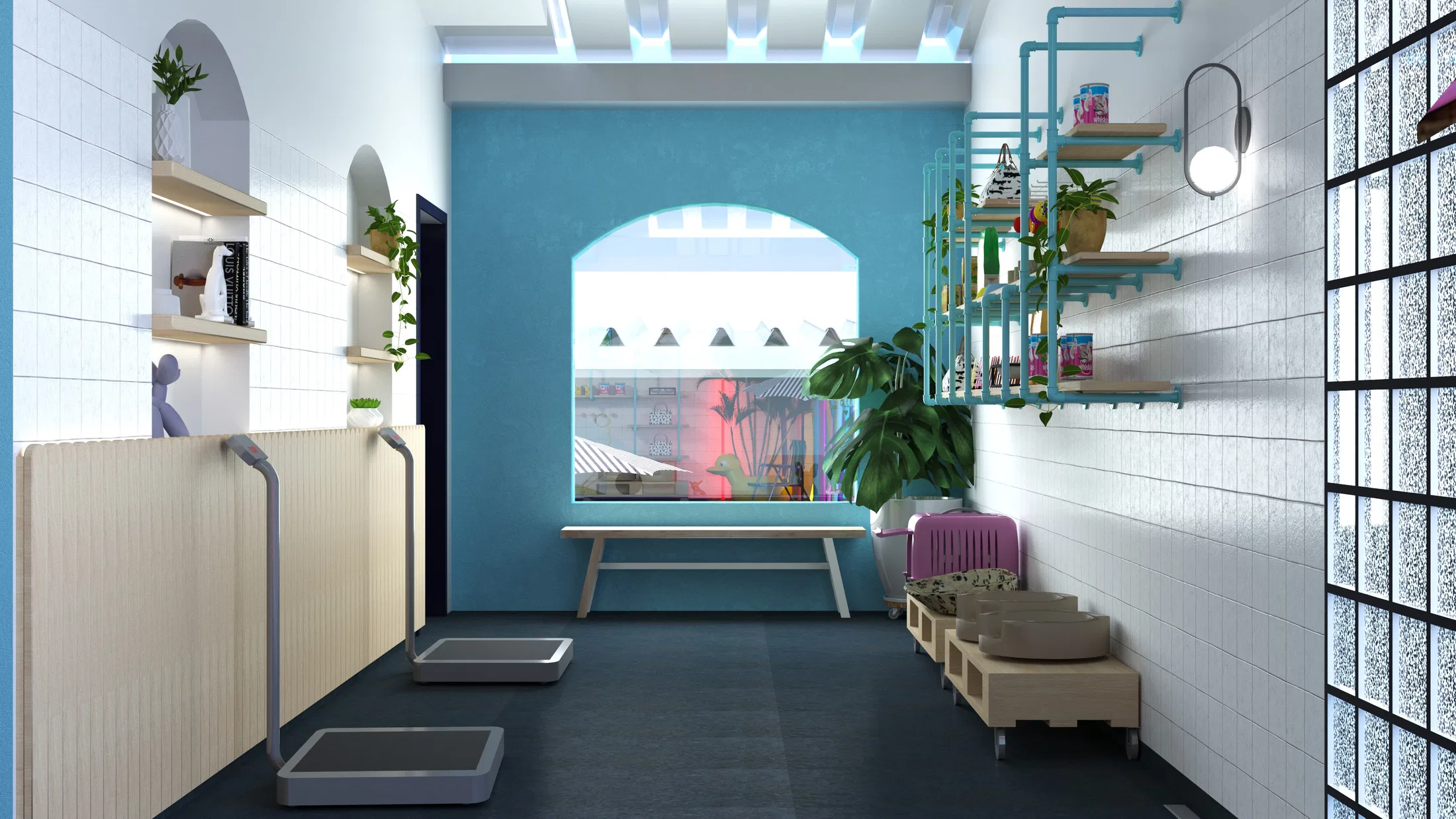 Bright interior corridor with white tile, a turquoise arched-window wall, tubular shelves with plants and grooming trays on the floor.
