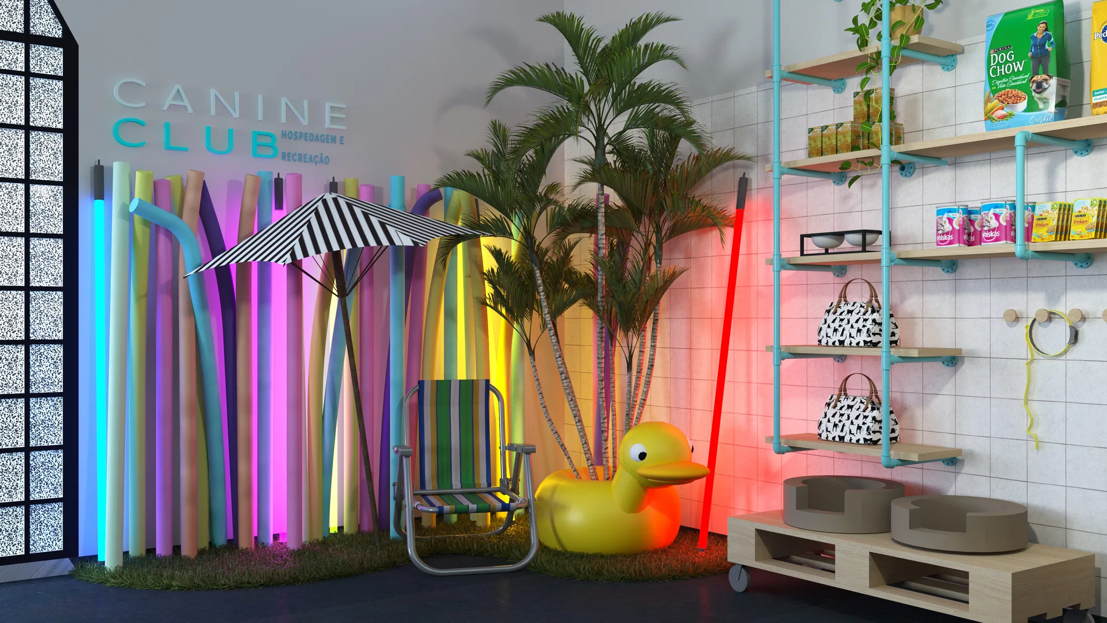 Pet-shop corner with illuminated logo, backlit colourful tubes, a striped umbrella, a giant yellow duck and turquoise shelves of products.