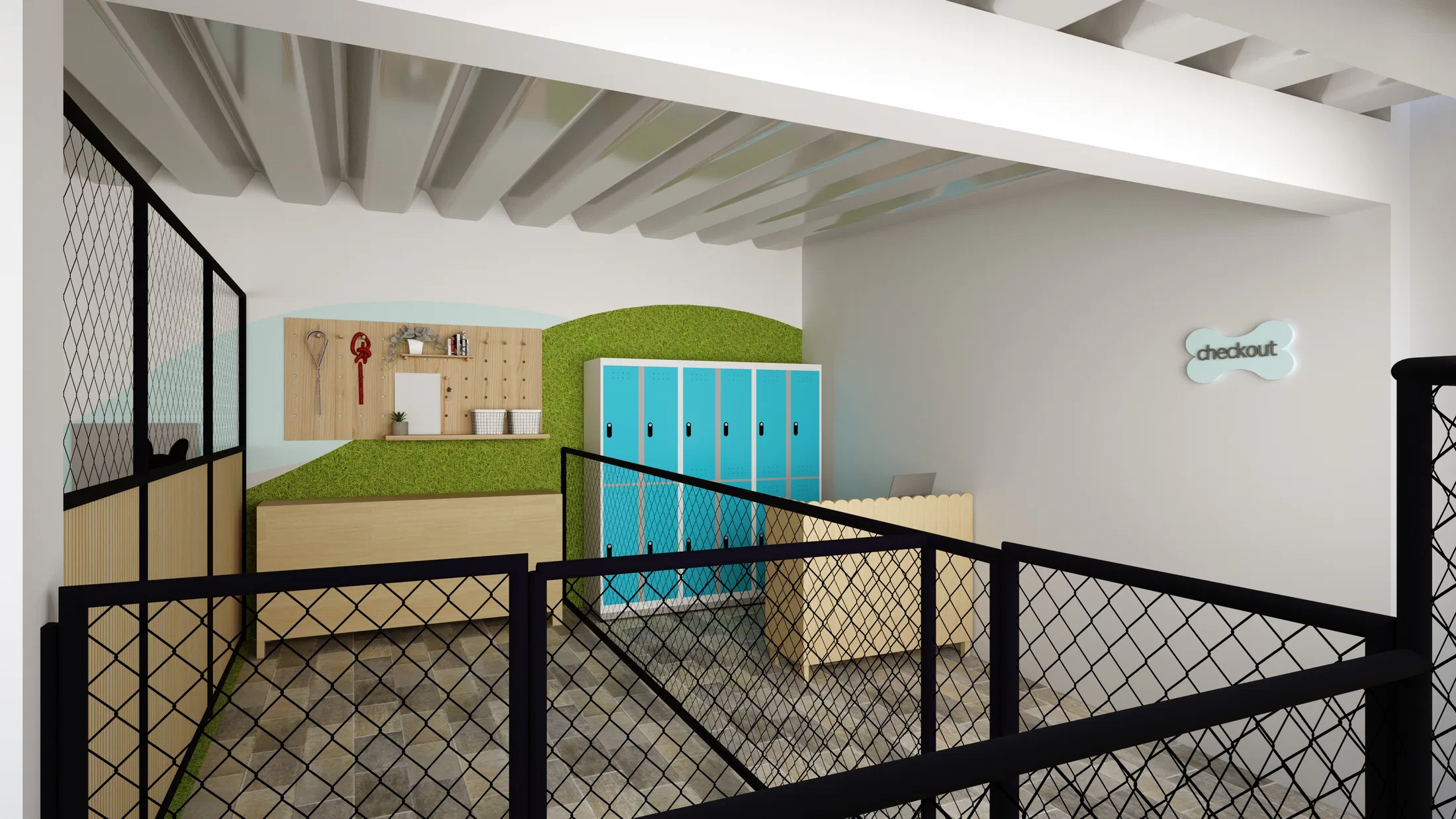 Interior checkout mezzanine with blue lockers, a wooden counter, an artificial-grass panel and dark metal-mesh railings.