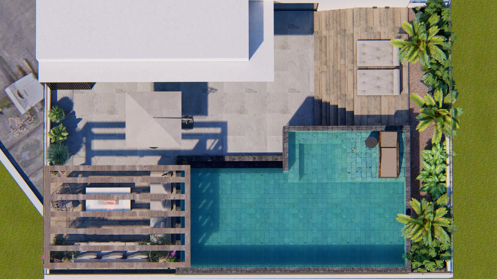 Architectural visualization of Rooftop Terrace with Timber Deck, Planters and Outdoor Fireplace Lounge — GRON 3D