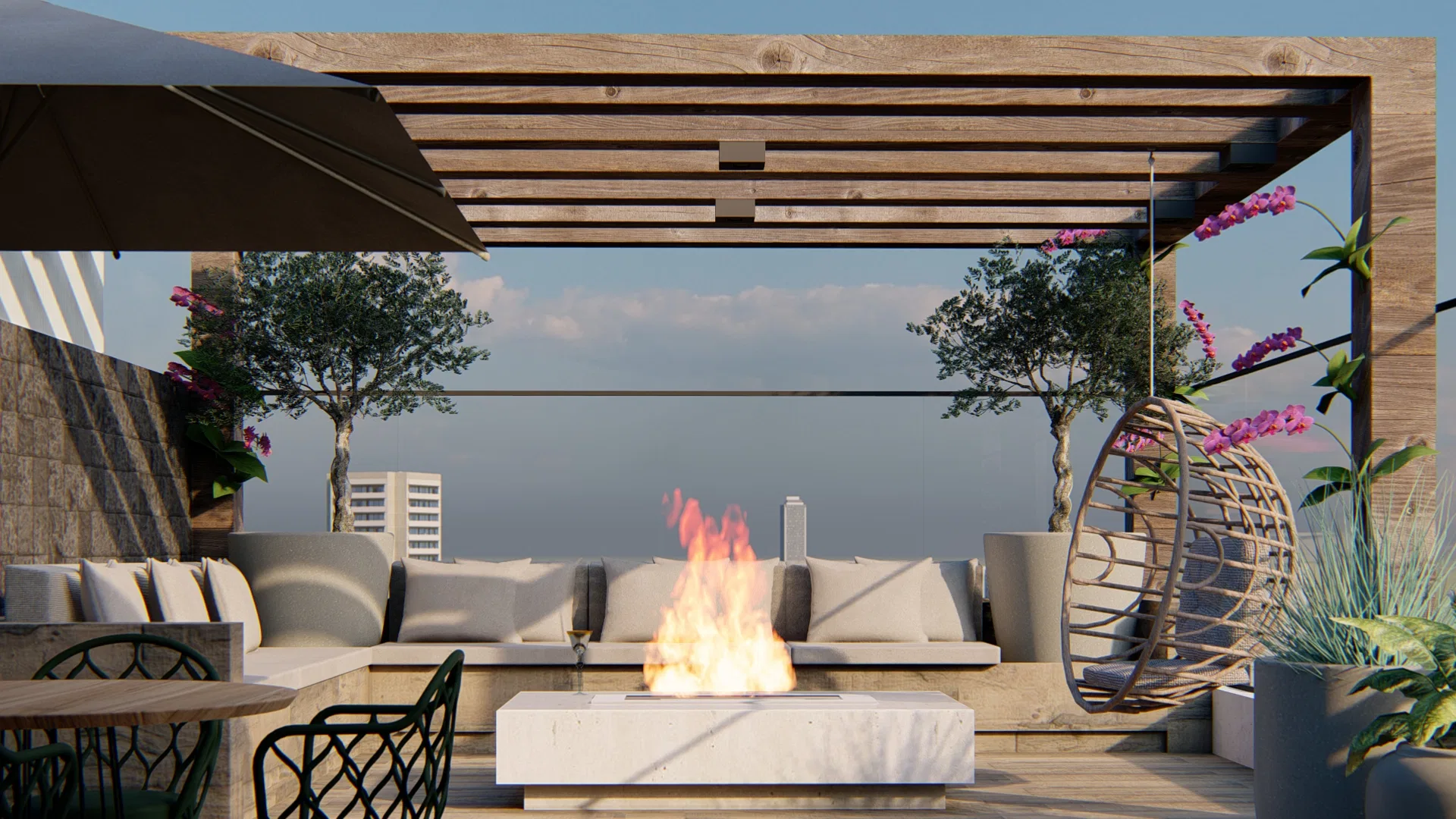 Architectural visualization of Rooftop Terrace with Timber Deck, Planters and Outdoor Fireplace Lounge — GRON 3D