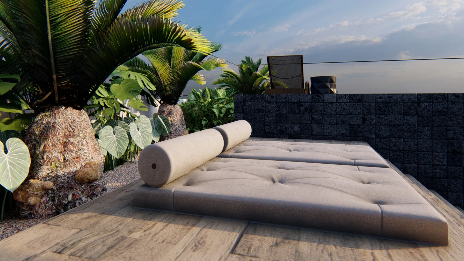 Architectural visualization of Rooftop Terrace with Timber Deck, Planters and Outdoor Fireplace Lounge — GRON 3D