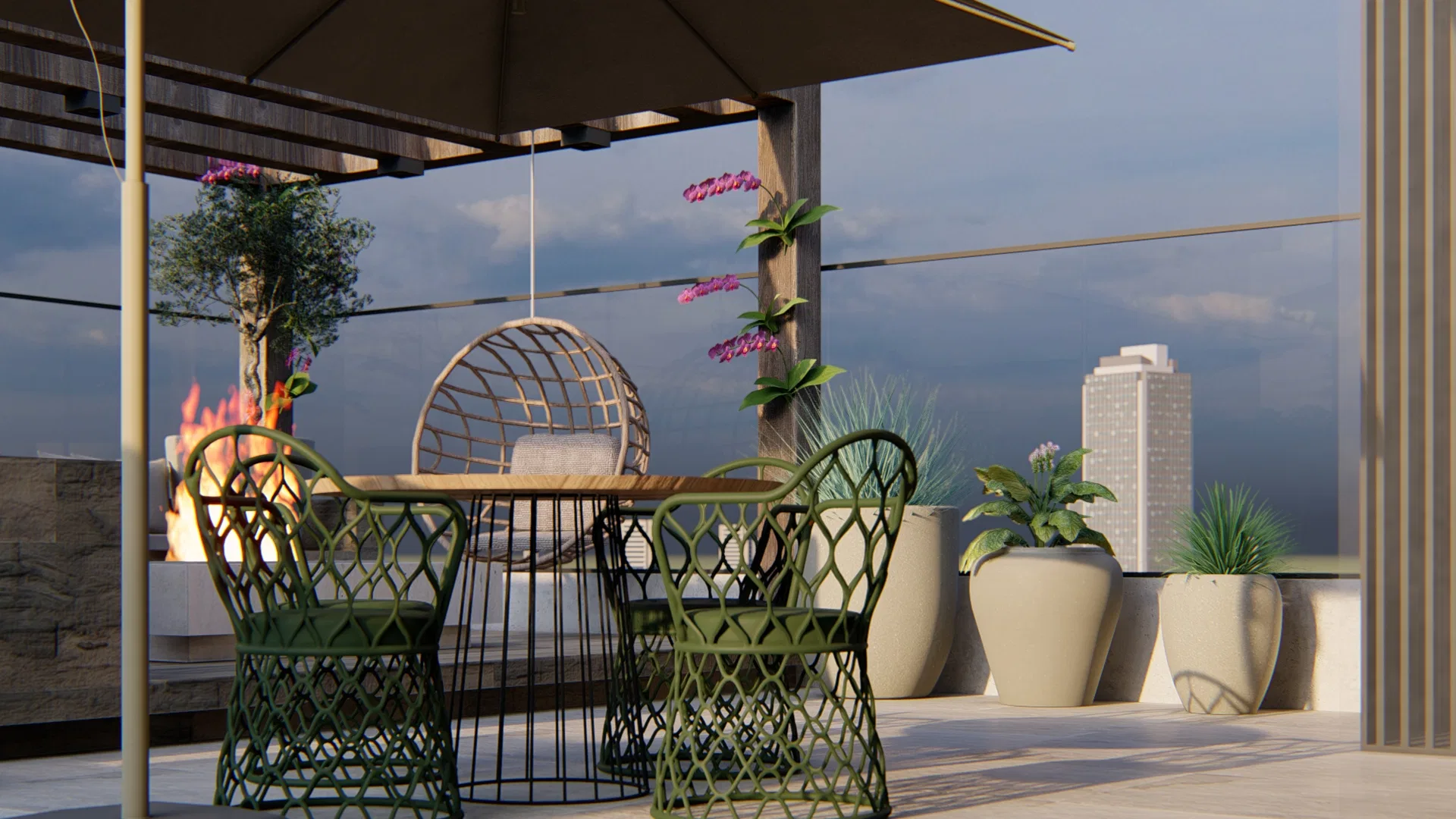 Architectural visualization of Rooftop Terrace with Timber Deck, Planters and Outdoor Fireplace Lounge — GRON 3D