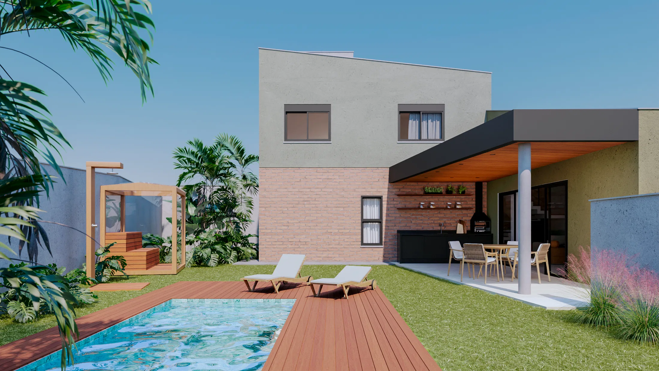 Communal terrace of Mountain Village condominium at sunset, featuring a lounge with a fire pit, outdoor furniture, and structured landscaping for leisure. — GRON 3D