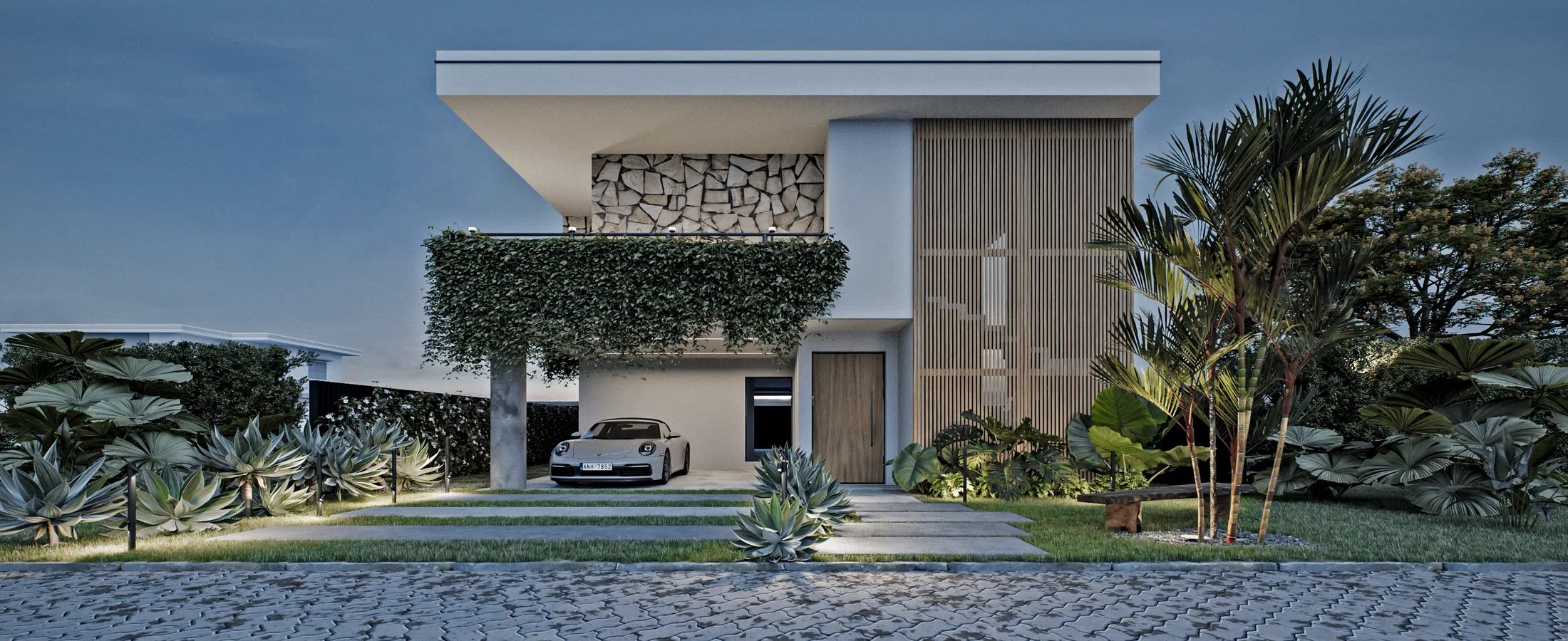 Modern two-storey house at dusk with a cantilevered slab, stone and wood-slat cladding, a sports car in the garage and a front succulent garden.