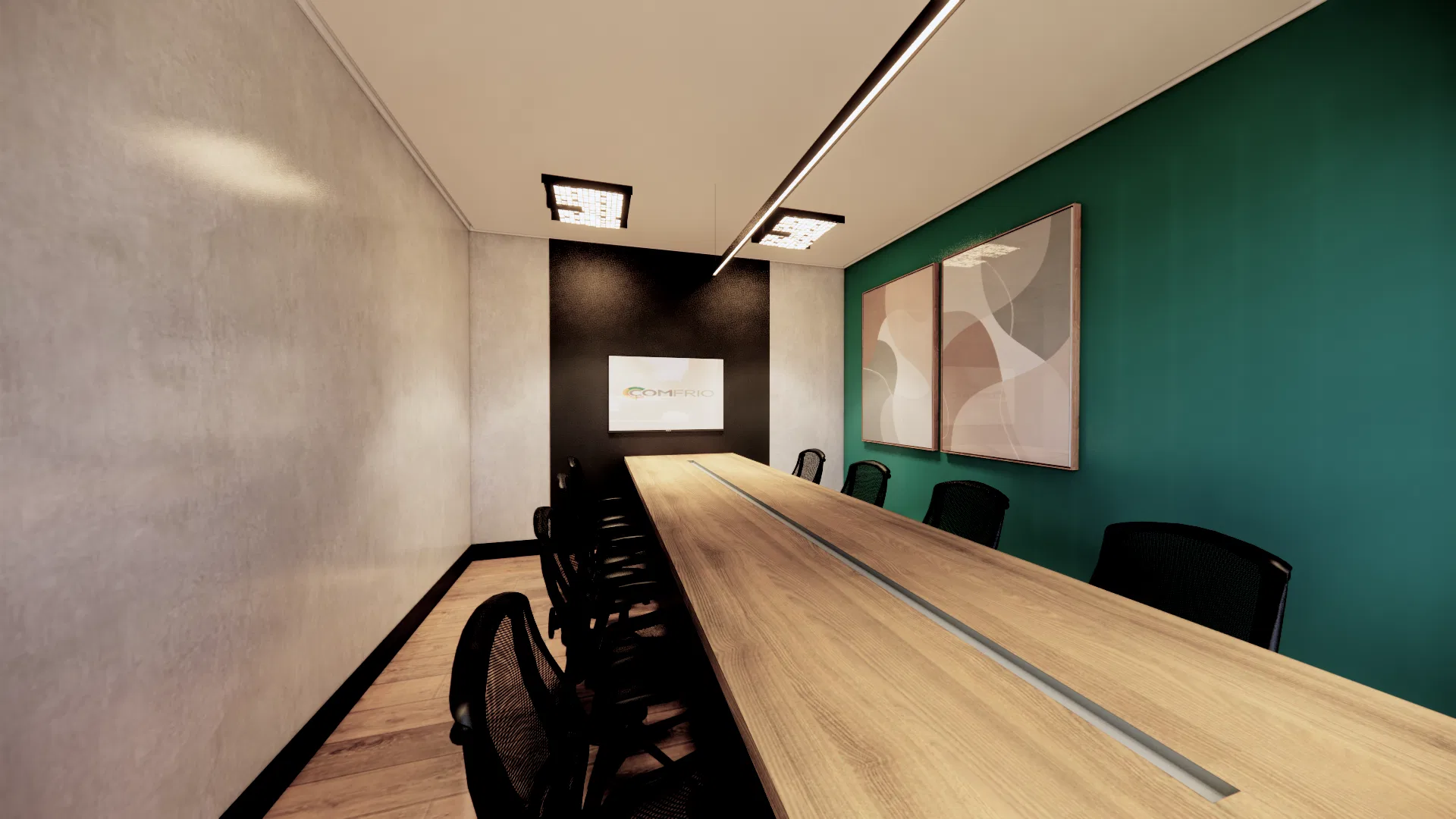 Meeting room with a long light-timber table, black chairs, a green wall with abstract artworks and a backlit sign at the far end