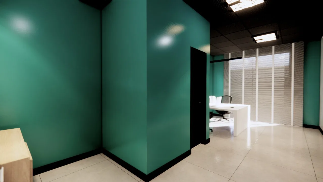 Private office with teal-blue walls, a white desk, an ergonomic chair and blinds filtering the light near the dark ceiling