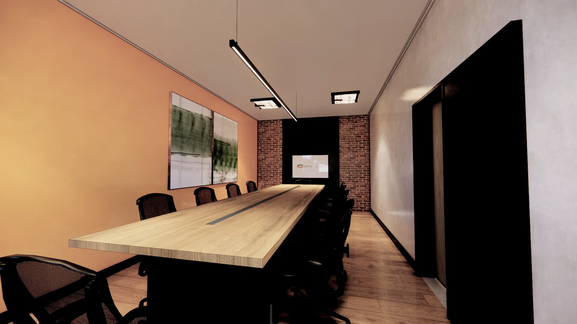 Second meeting room with a peach-toned wall, an abstract artwork, a brick wall beyond and a linear pendant above the table