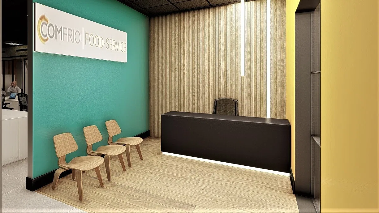 Compact reception with a green wall and a backlit brand sign, three timber chairs and a dark counter on a wood-look floor