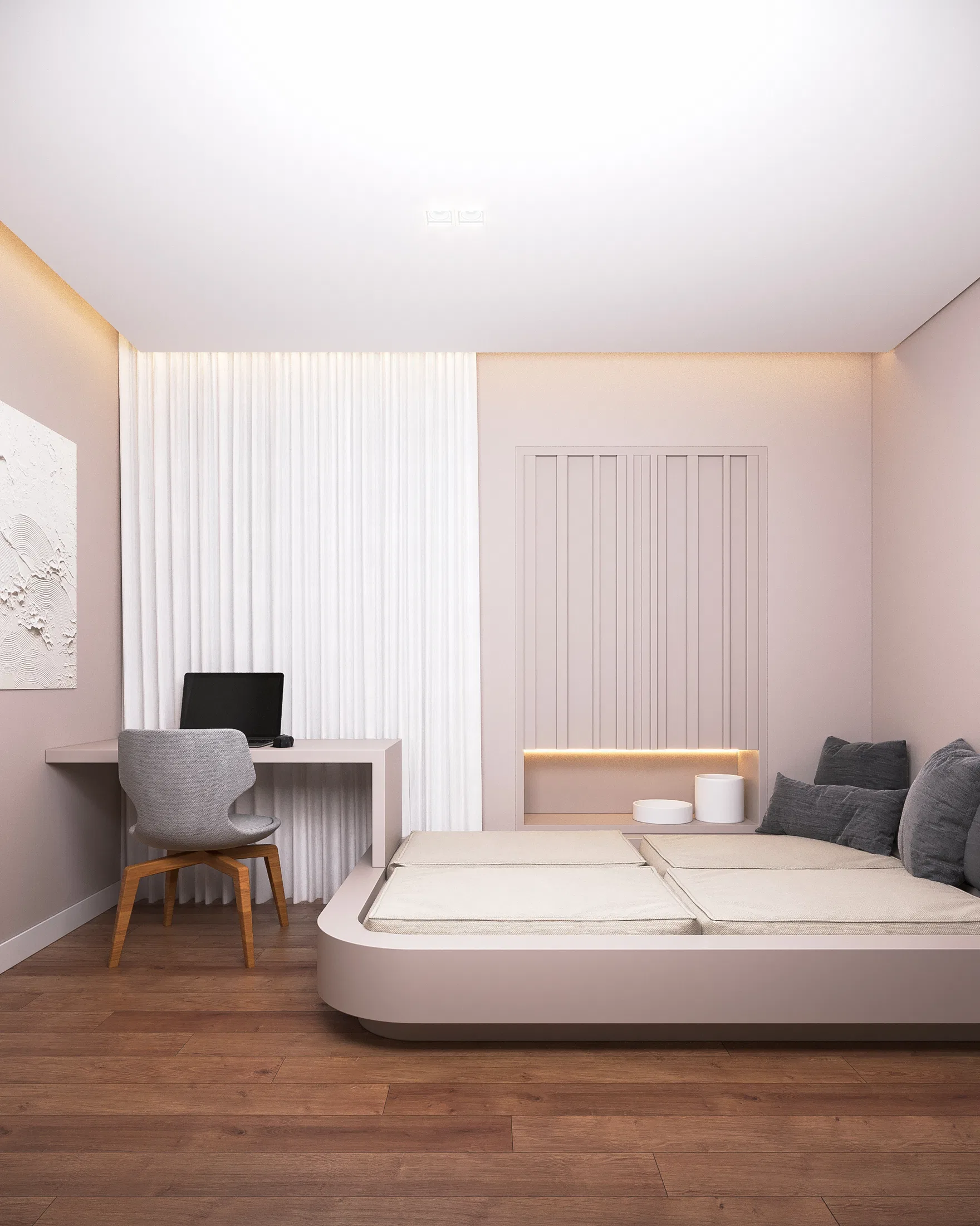 Blush-toned bedroom with a rounded-base bed, slatted joinery and a white desk beside the curtain