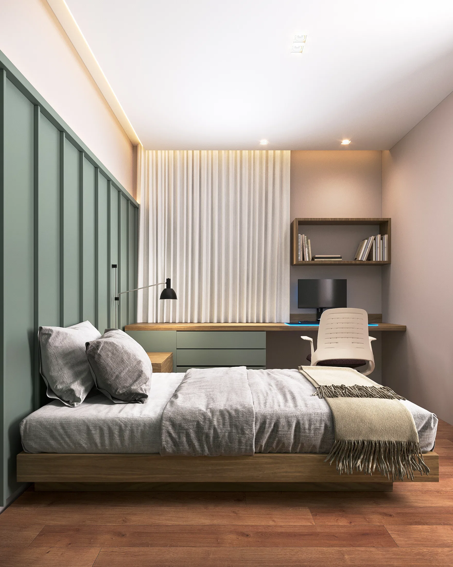Bedroom with a low bed, a sage-green slatted headboard wall and a built-in desk with a floating shelf