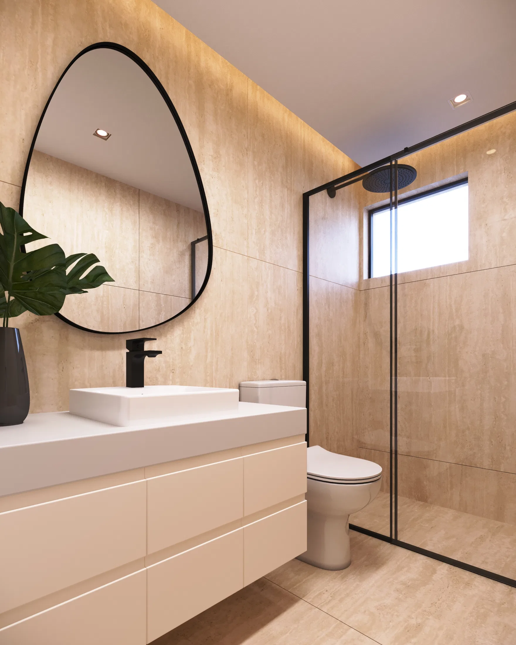 Powder room with an organic black-framed mirror, a vessel basin, black taps and a glass shower alongside
