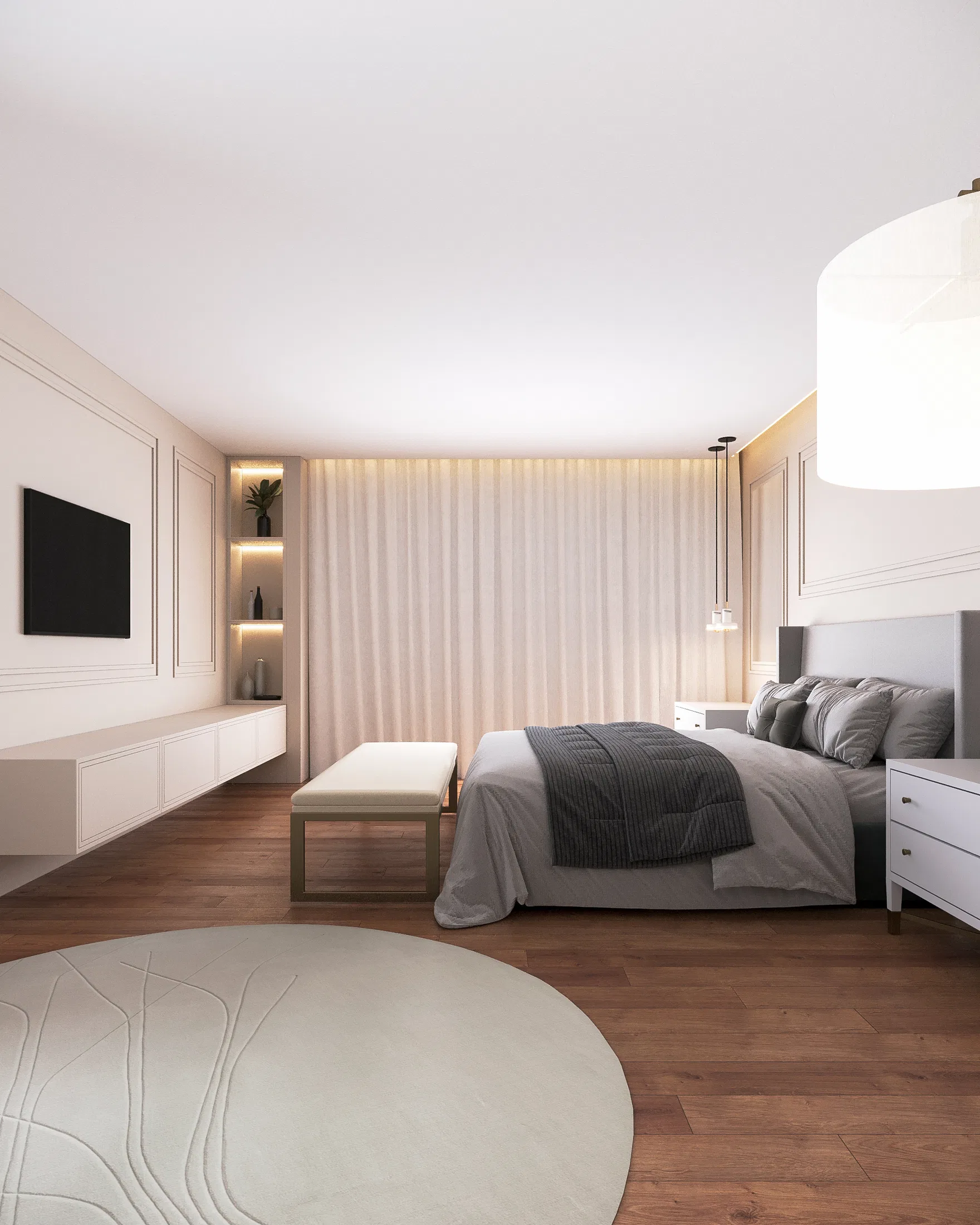 Master suite with a grey upholstered bed, a TV on a slatted panel, backlit niches and a textured round rug