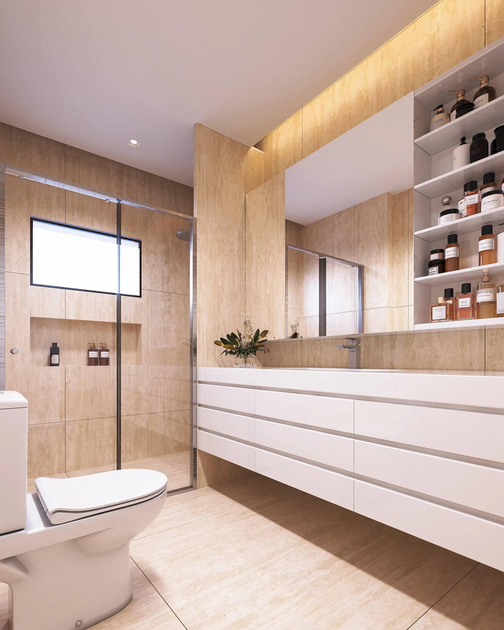 Travertine-clad bathroom with a white floating vanity, a glass shower with a rain head and shelves of bottles