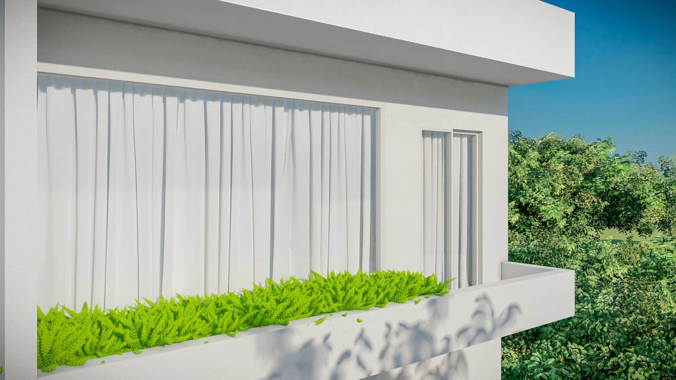 Raised facade planter with lime-green ferns beneath sheer curtains and tree canopies behind