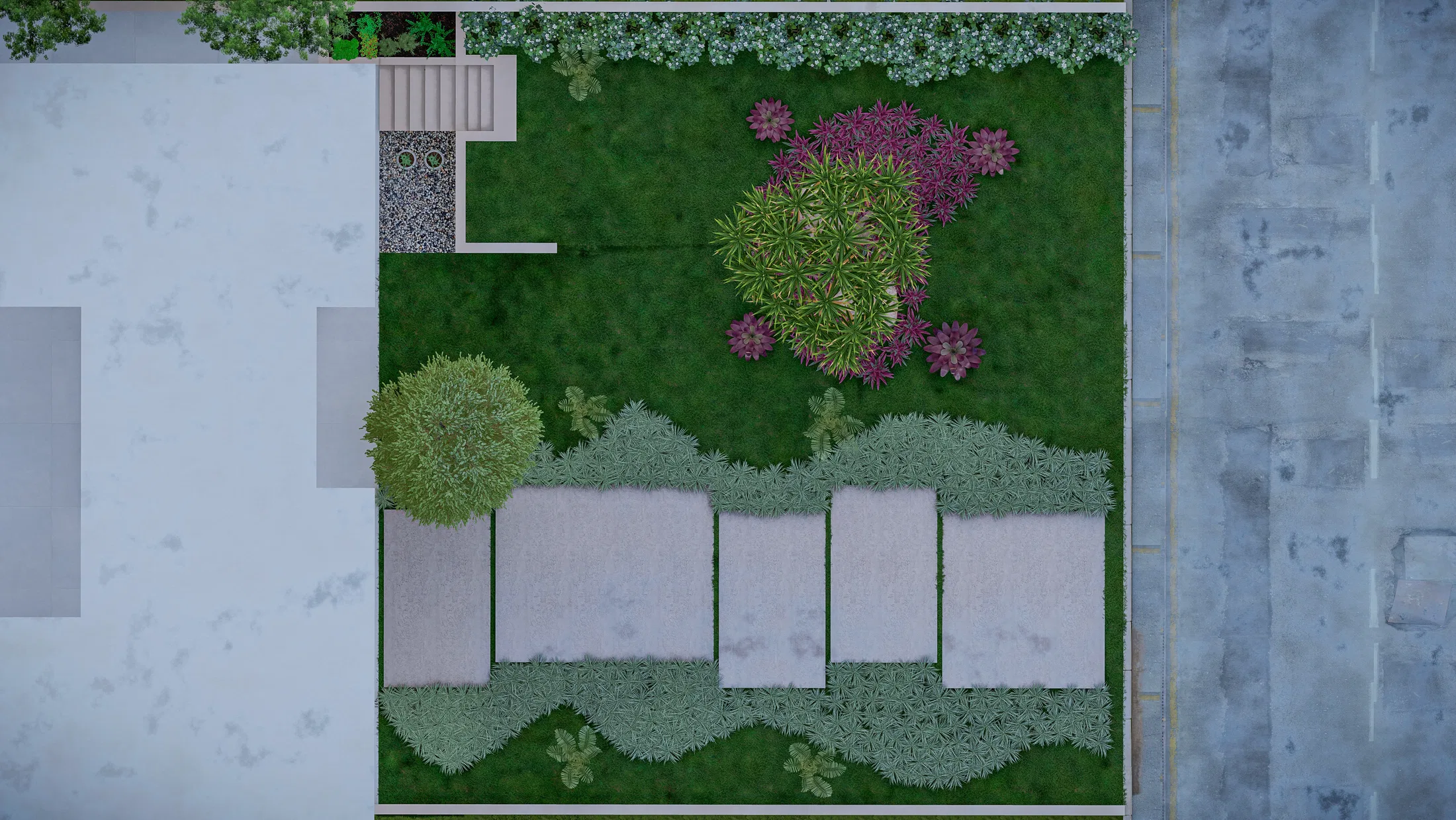 Top-down plan of the garden with lawn, a stepping-slab path and colourful planting masses