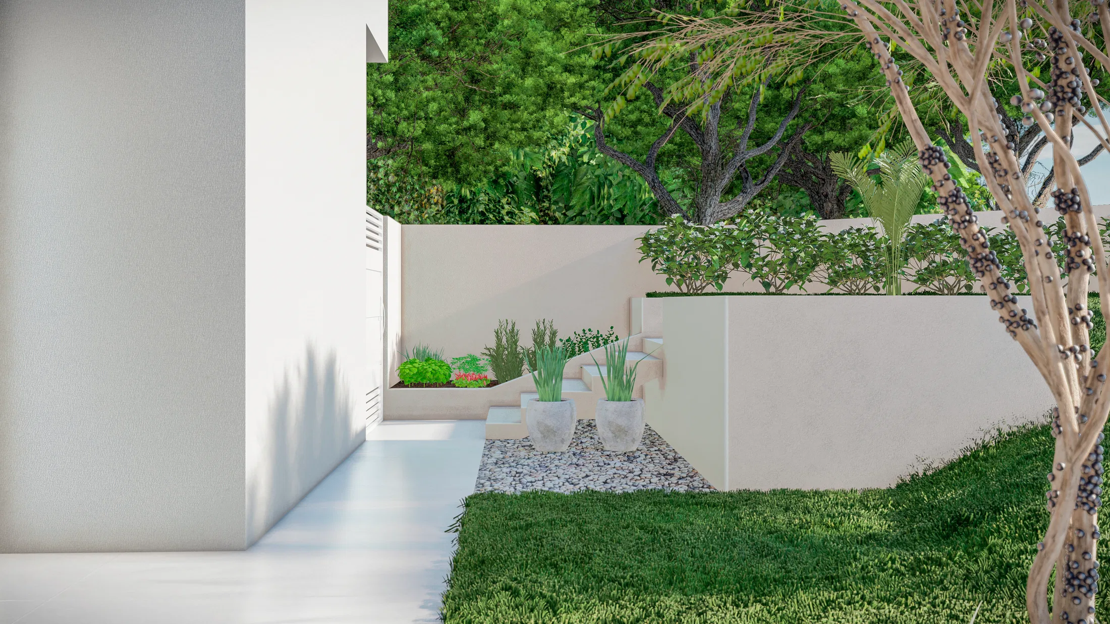 Side corner with white walls, pale planters holding grasses over gravel and a dense green backdrop