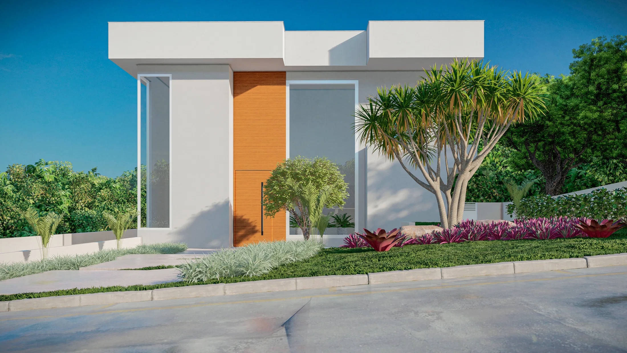 Minimalist white facade with a wood-clad entrance door, a tall dracaena and a bed of purple bromeliads over the lawn