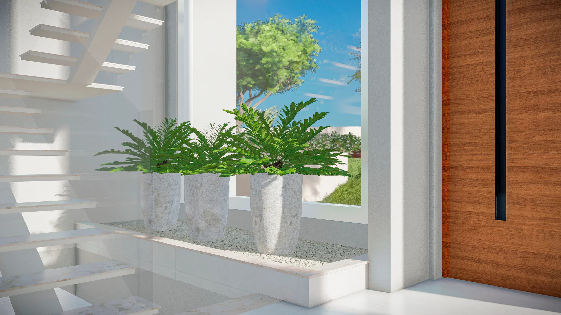 Interior hall with a white floating staircase and marble pots of ferns before a window opening to the garden