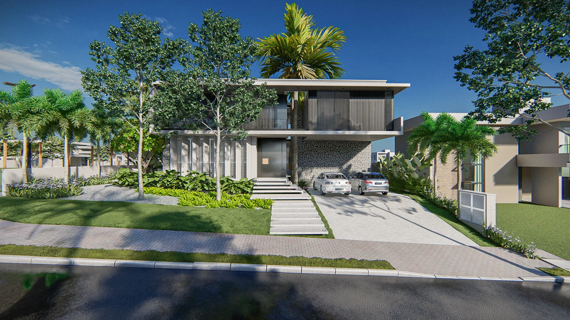 Architectural visualization of Concrete-and-Wood Residence with Hammock Patio and Agapanthus — GRON 3D