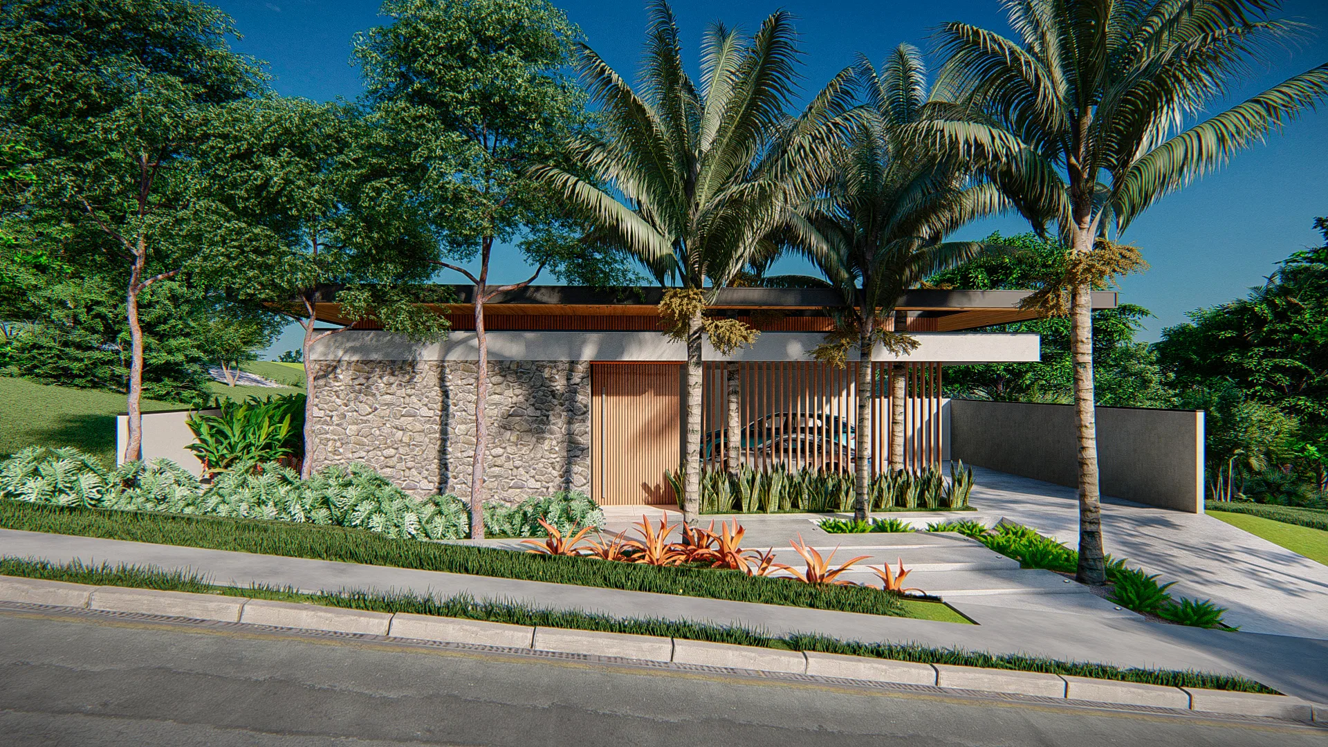 Architectural visualization of Residential Garden with Heliconias, Stone Deck and Winter Garden — GRON 3D
