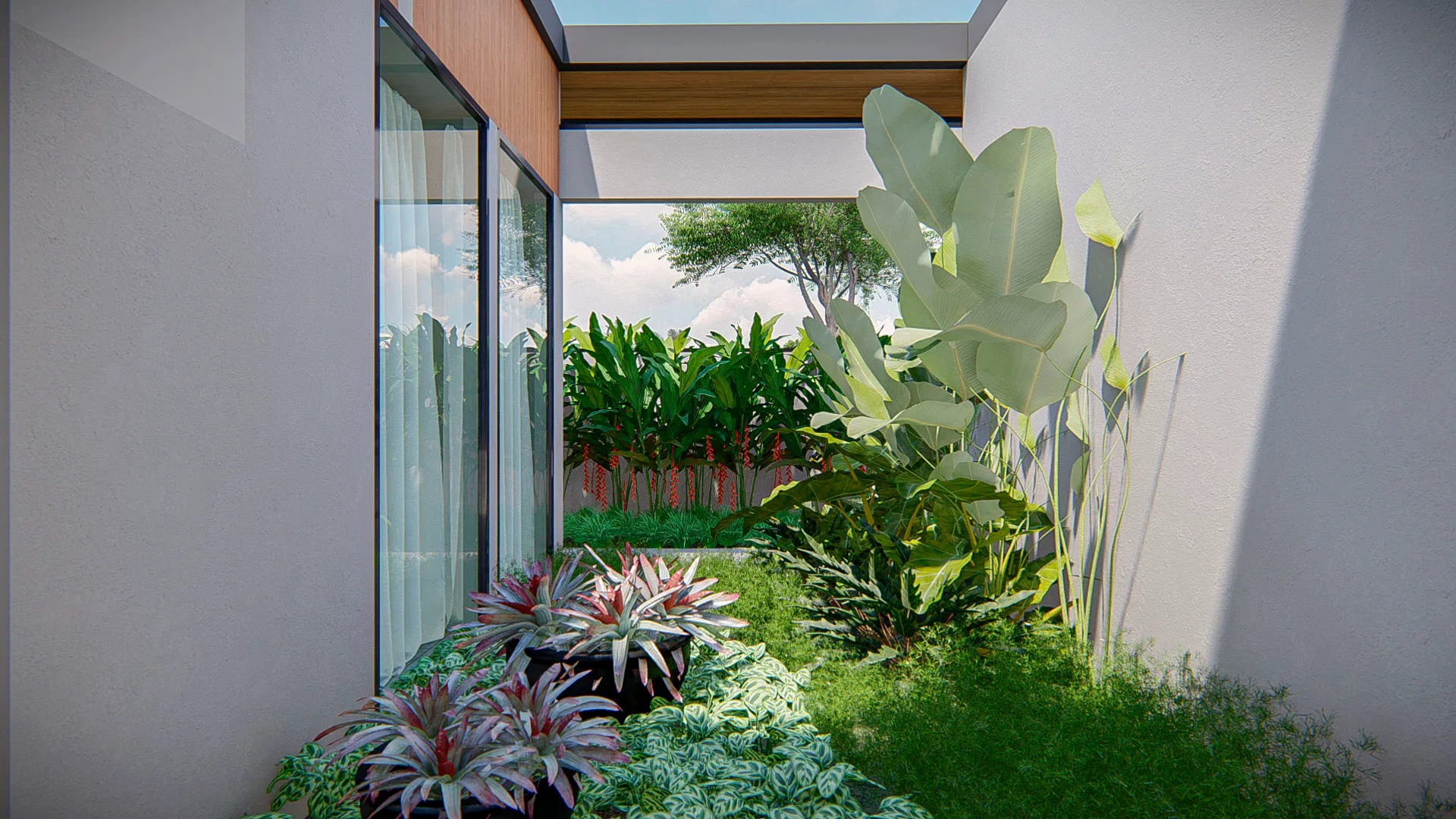 Architectural visualization of Residential Garden with Heliconias, Stone Deck and Winter Garden — GRON 3D