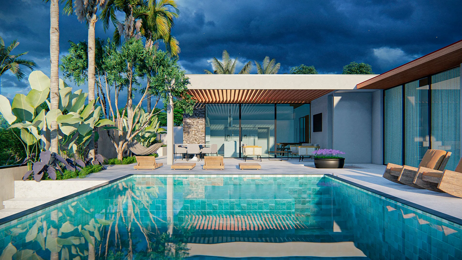 Architectural visualization of Residential Garden with Heliconias, Stone Deck and Winter Garden — GRON 3D
