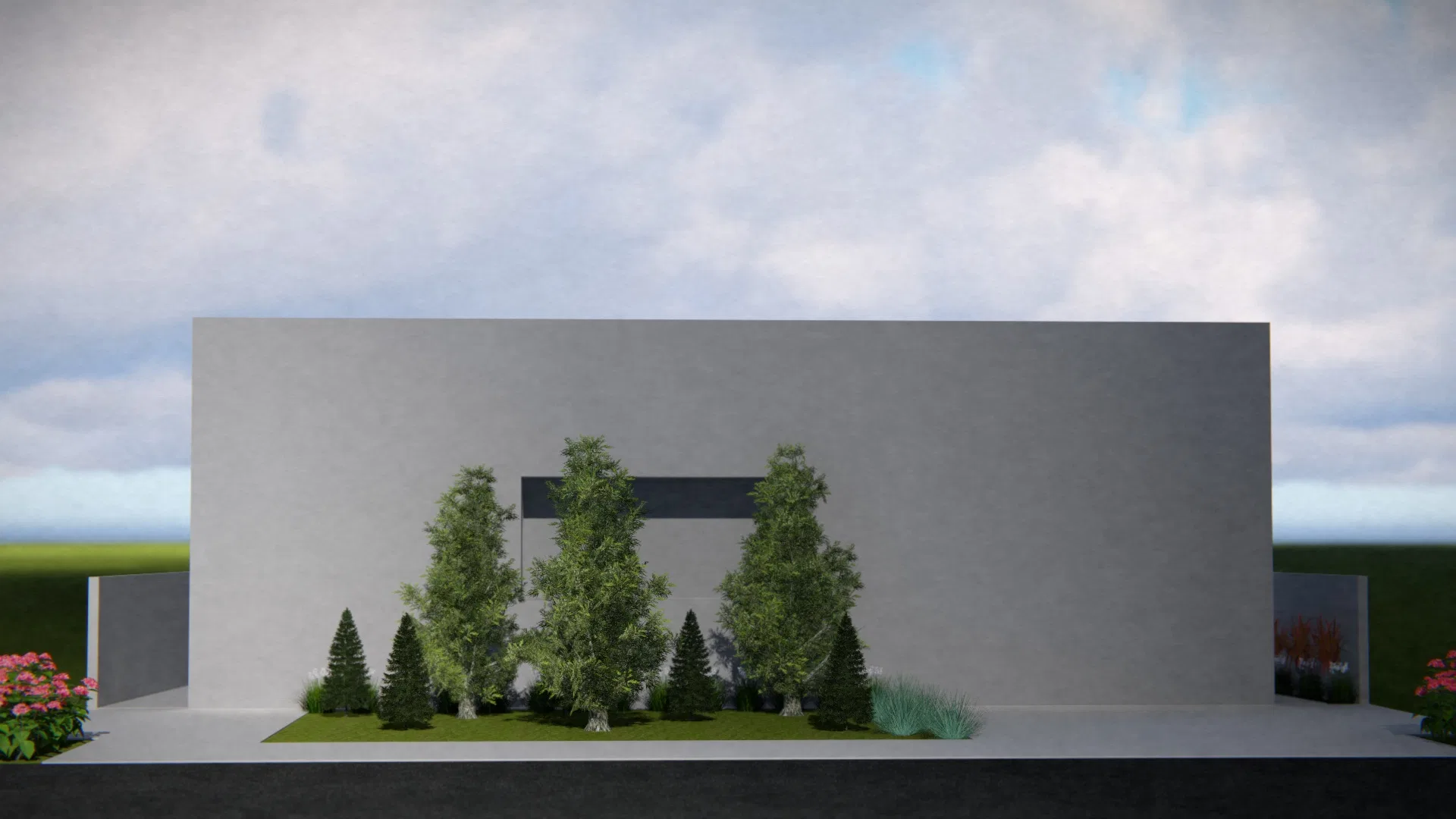 Frontal elevation of the white wall with a central mass of conifers and deciduous trees framing a cut-out opening, under a cloudy sky.