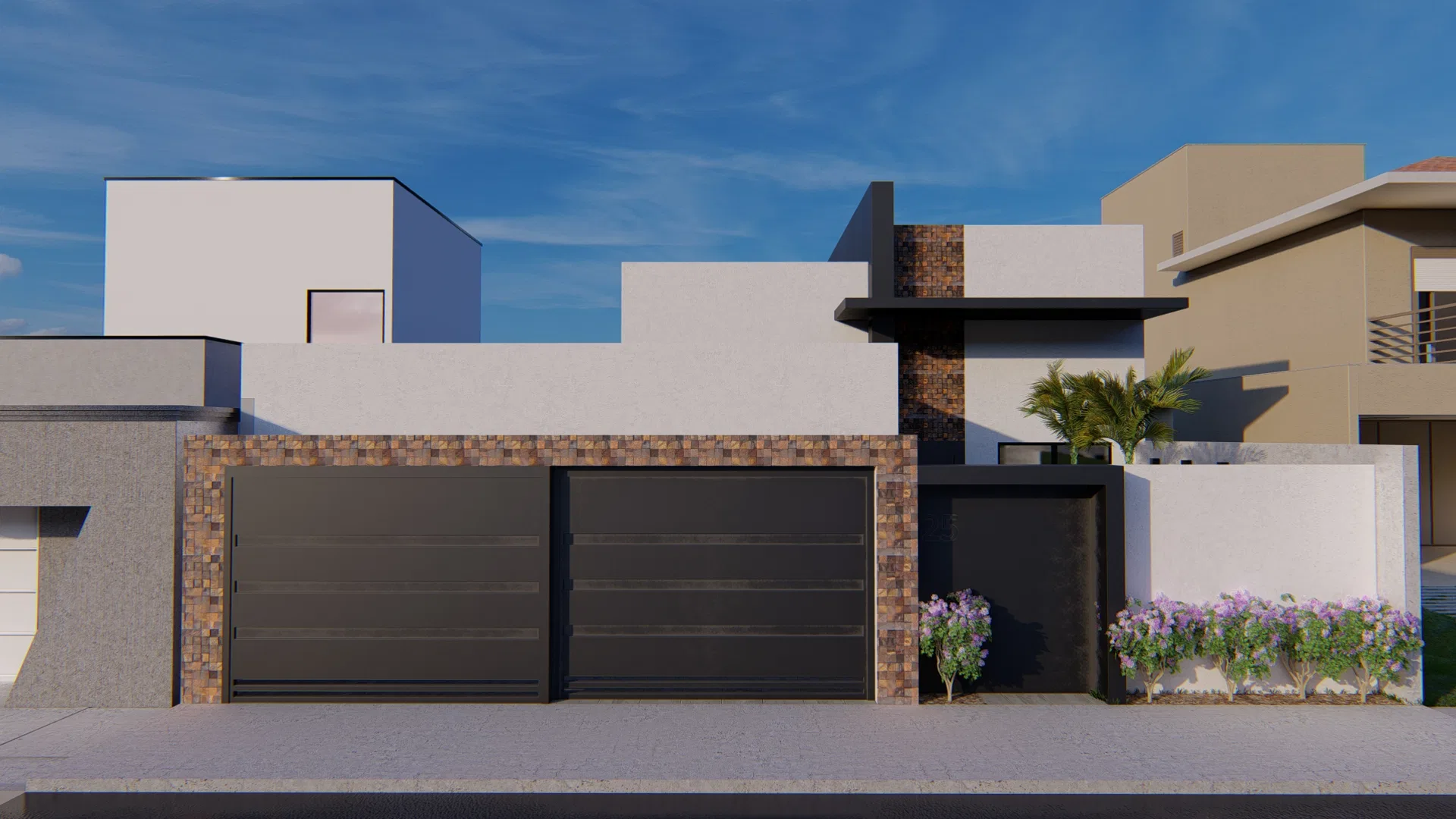 Residential facade with white volumes, a stone-clad base and dark garage gates, purple flowers spilling over the wall