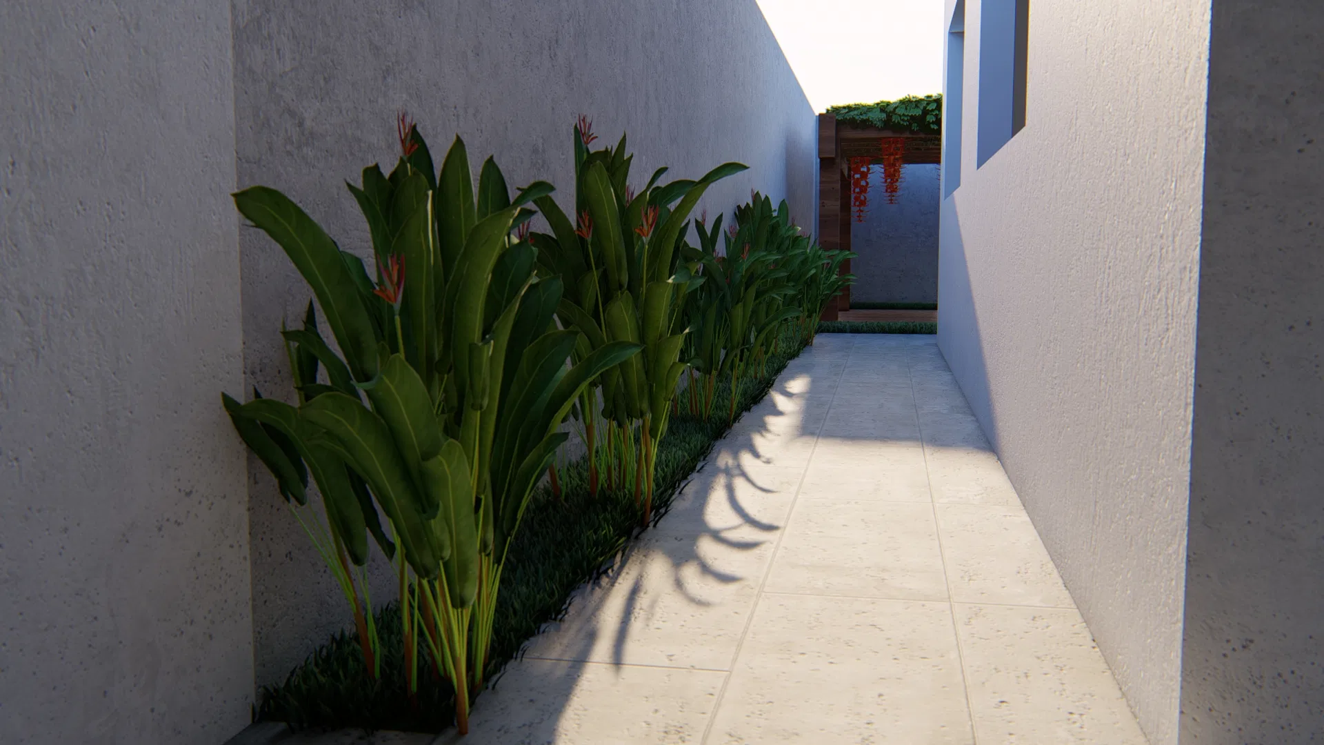 Paved side corridor flanked by ornamental banana foliage with orange bracts, casting shadows across the pale floor