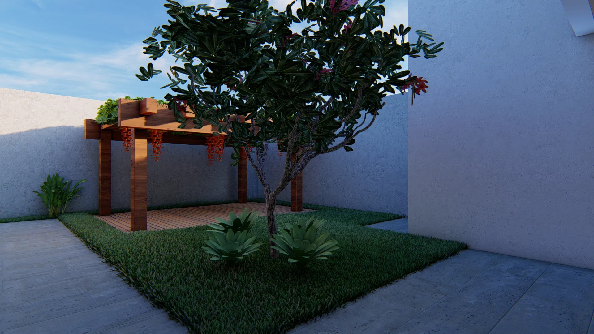 Garden corner with a timber pergola, a tree of pink blossoms and agave rosettes over a lawn framed by pale paving