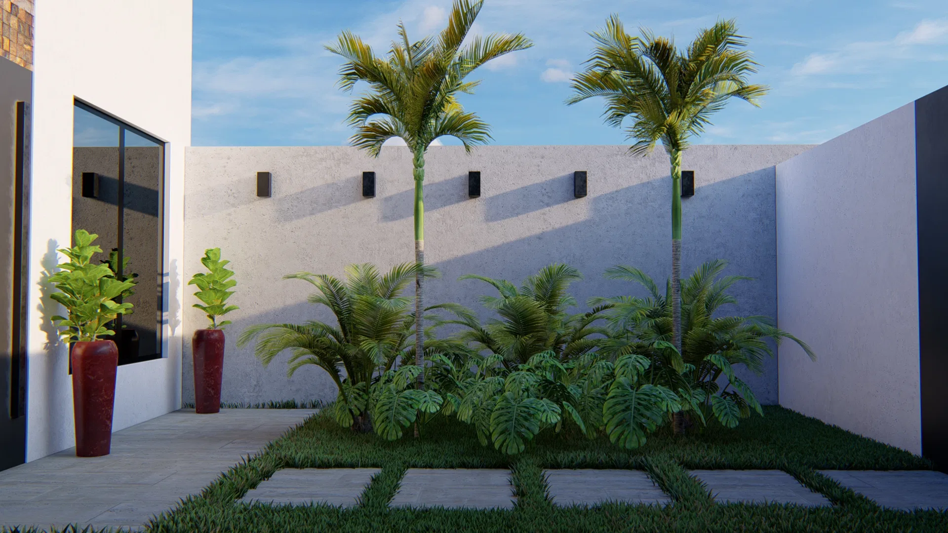 Entrance patio with two tall palms, a mass of split-leaf philodendron and red planters with foliage by the glazed door, over a paved lawn